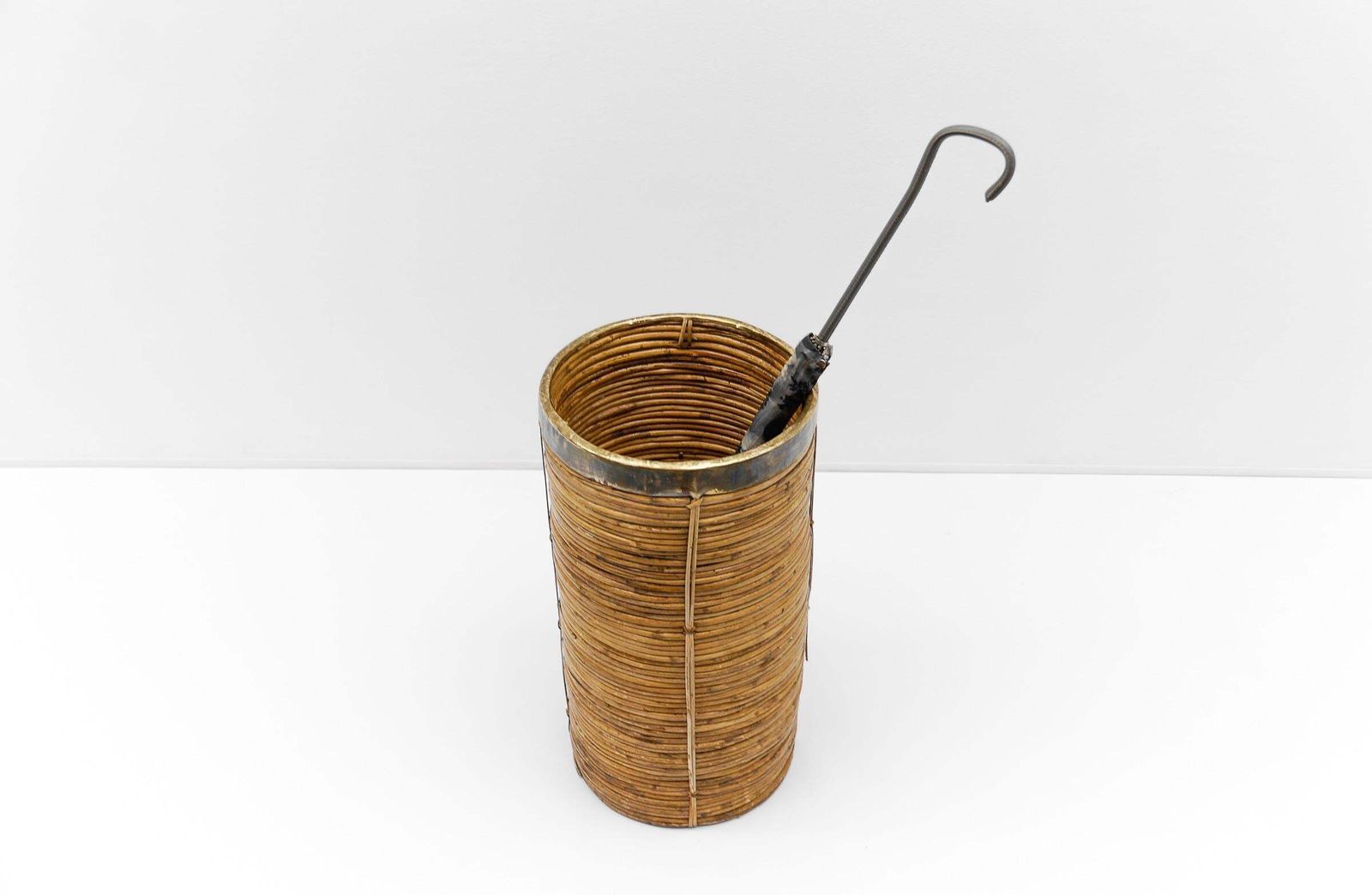 Lovely Rattan And Brass Umbrella Stand In Gebriella Crespi Style, 1960s Italy photo buy