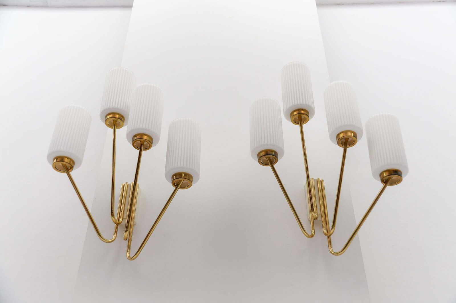 Pair Of Large Mid Century Modern Wall Lamps In Brass And Opaline Glass, 1950s photo vintage