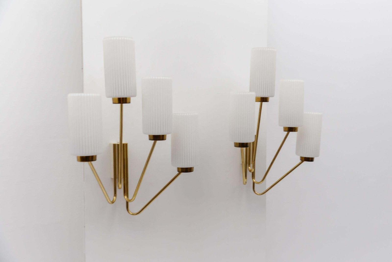 Lighting Pair Of Large Mid Century Modern Wall Lamps In Brass And Opaline Glass, 1950s photo