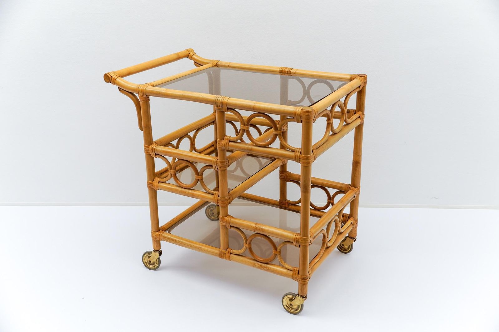 Bamboo And Smoked Glass Bar Cart Serving Trolley With Bottle Holder, 1950s Italy photo furniture