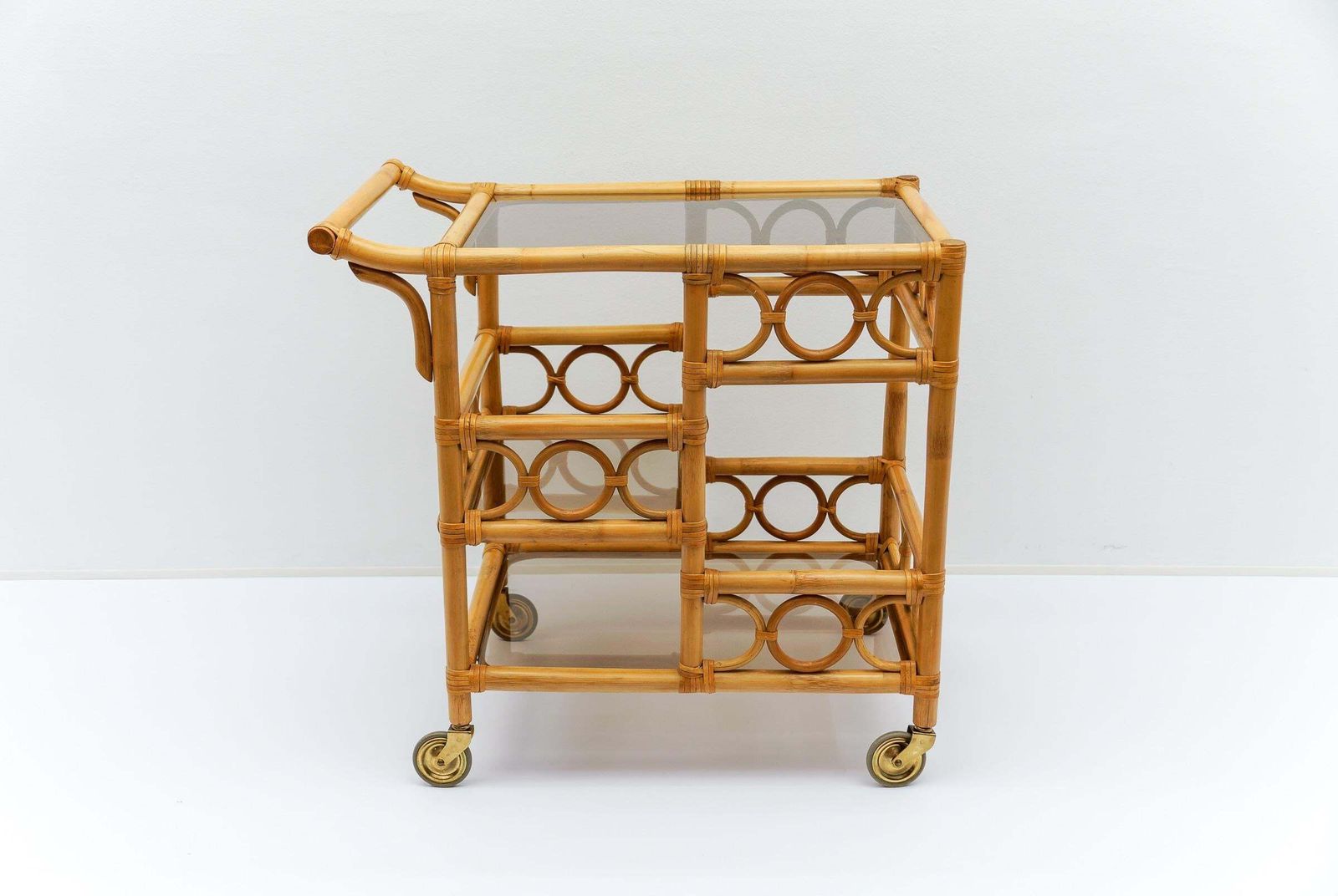 Bamboo And Smoked Glass Bar Cart Serving Trolley With Bottle Holder, 1950s Italy photo 1170.0