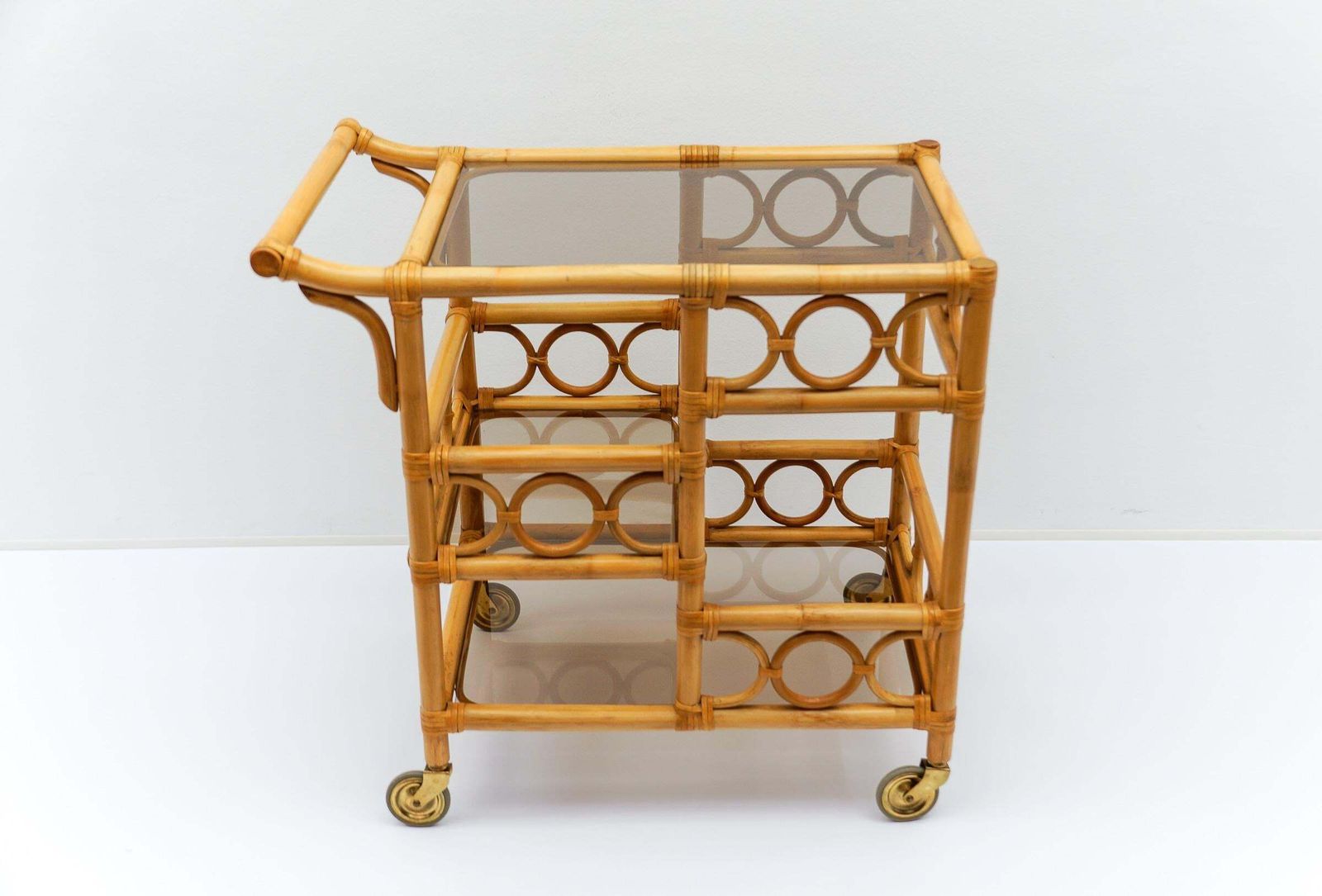 Bamboo And Smoked Glass Bar Cart Serving Trolley With Bottle Holder, 1950s Italy photo vintage