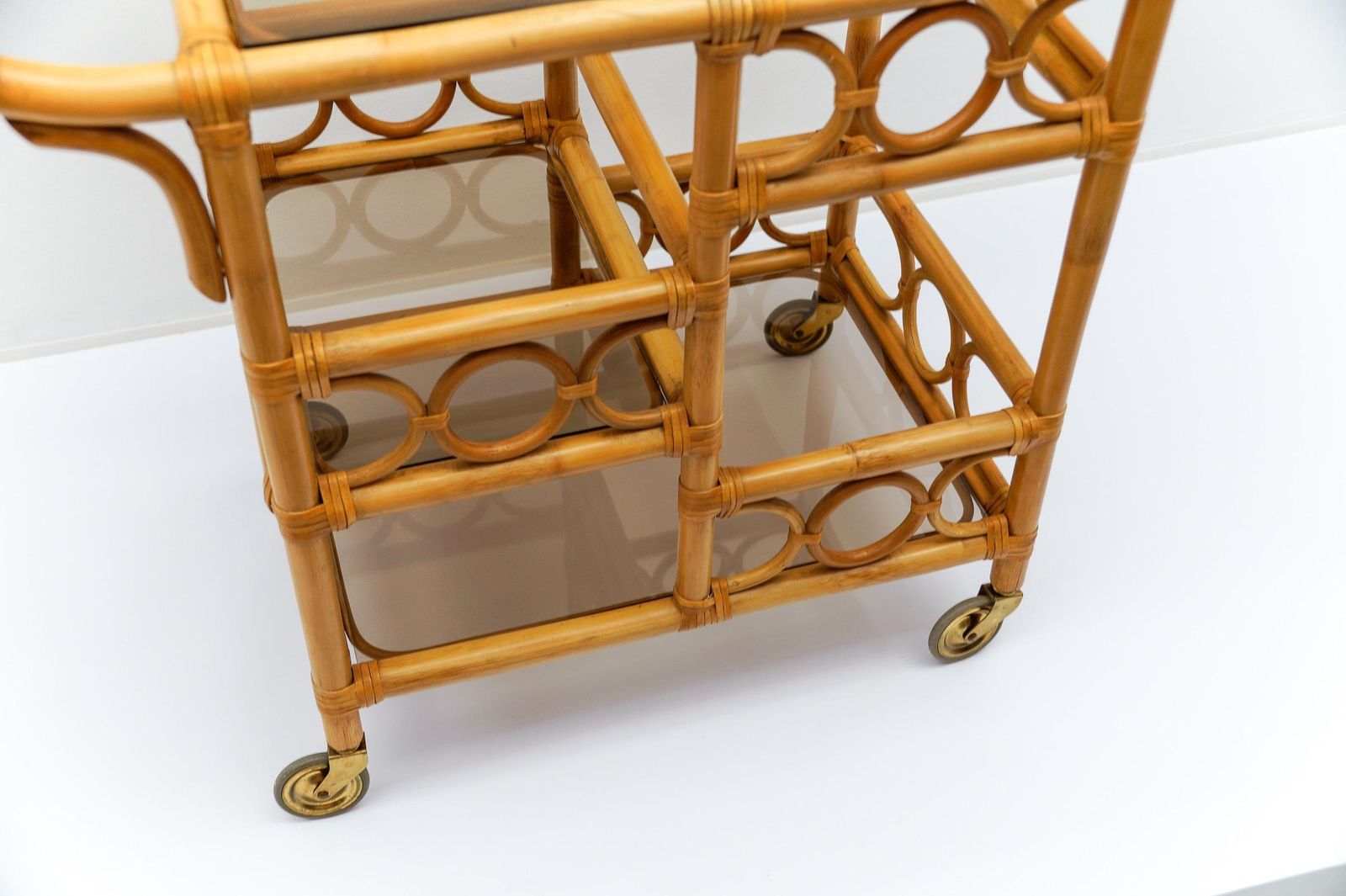 1170.0 Bamboo And Smoked Glass Bar Cart Serving Trolley With Bottle Holder, 1950s Italy photo