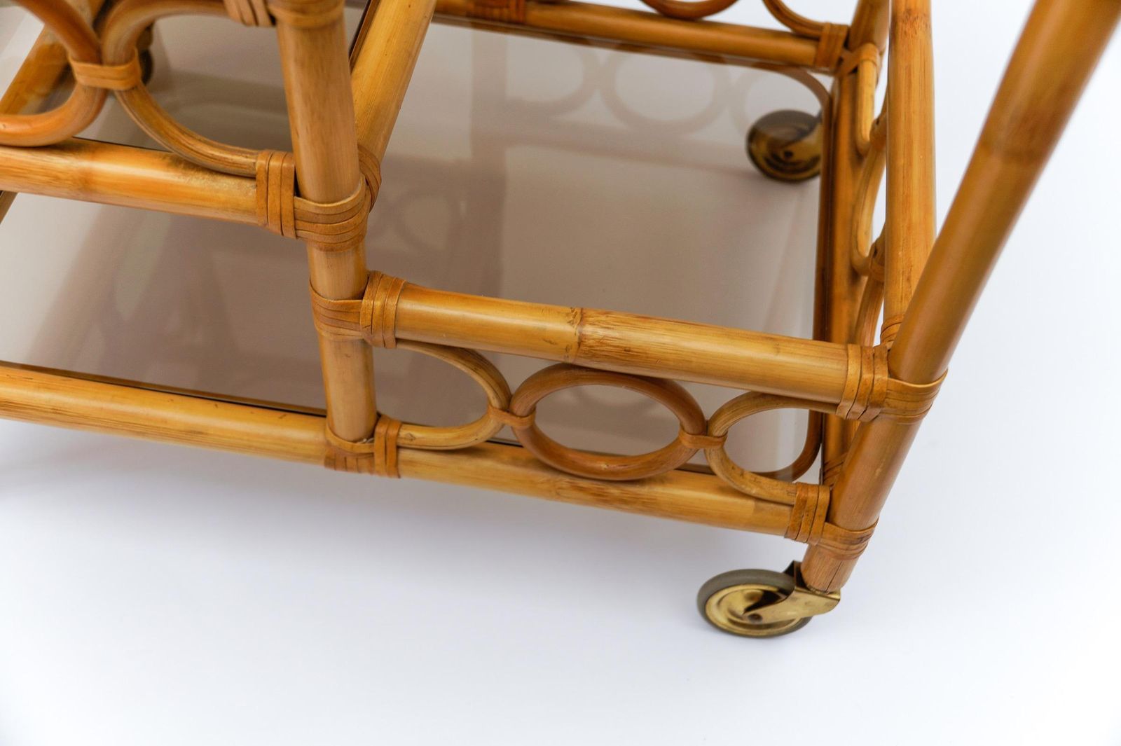 photo buy Bamboo And Smoked Glass Bar Cart Serving Trolley With Bottle Holder, 1950s Italy