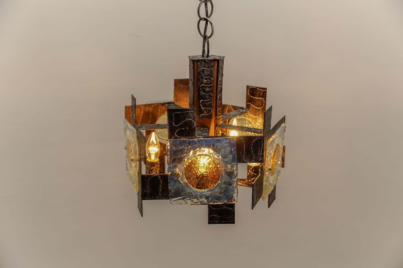 Rustic Ceiling Lamp In Wood, Iron And Murano Glass, 1960s Italy photo 1256.0