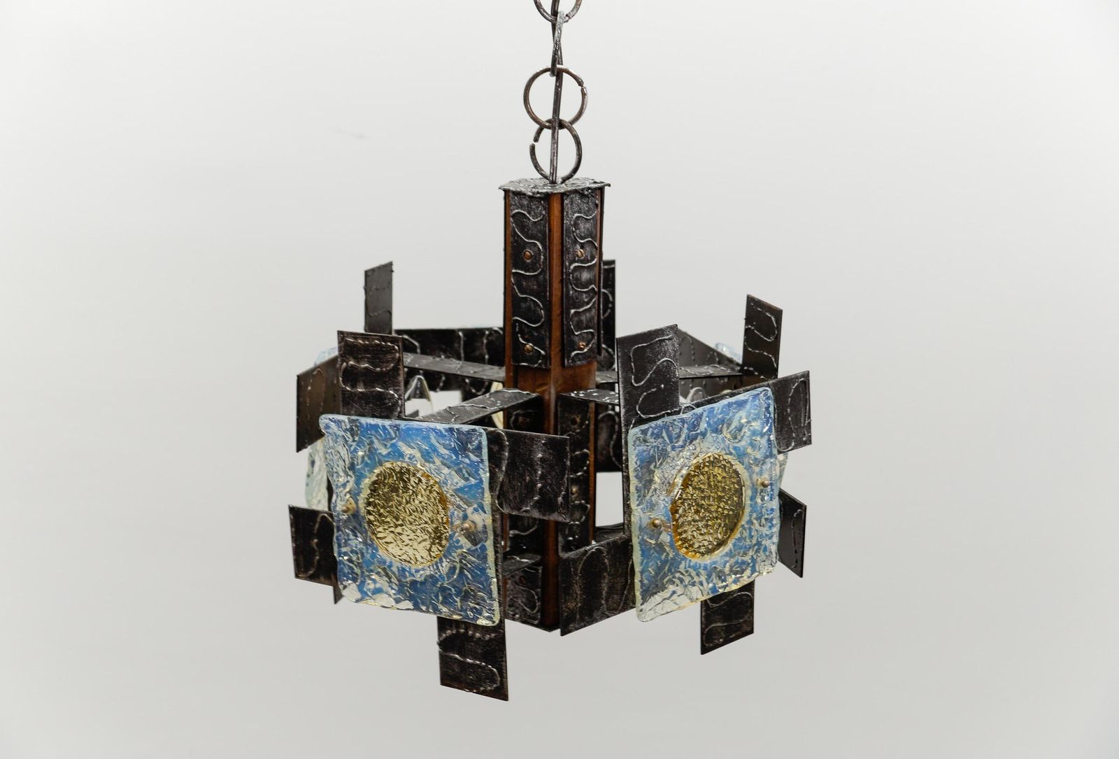 Lighting Rustic Ceiling Lamp In Wood, Iron And Murano Glass, 1960s Italy photo