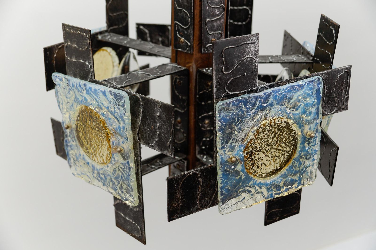 photo buy Rustic Ceiling Lamp In Wood, Iron And Murano Glass, 1960s Italy