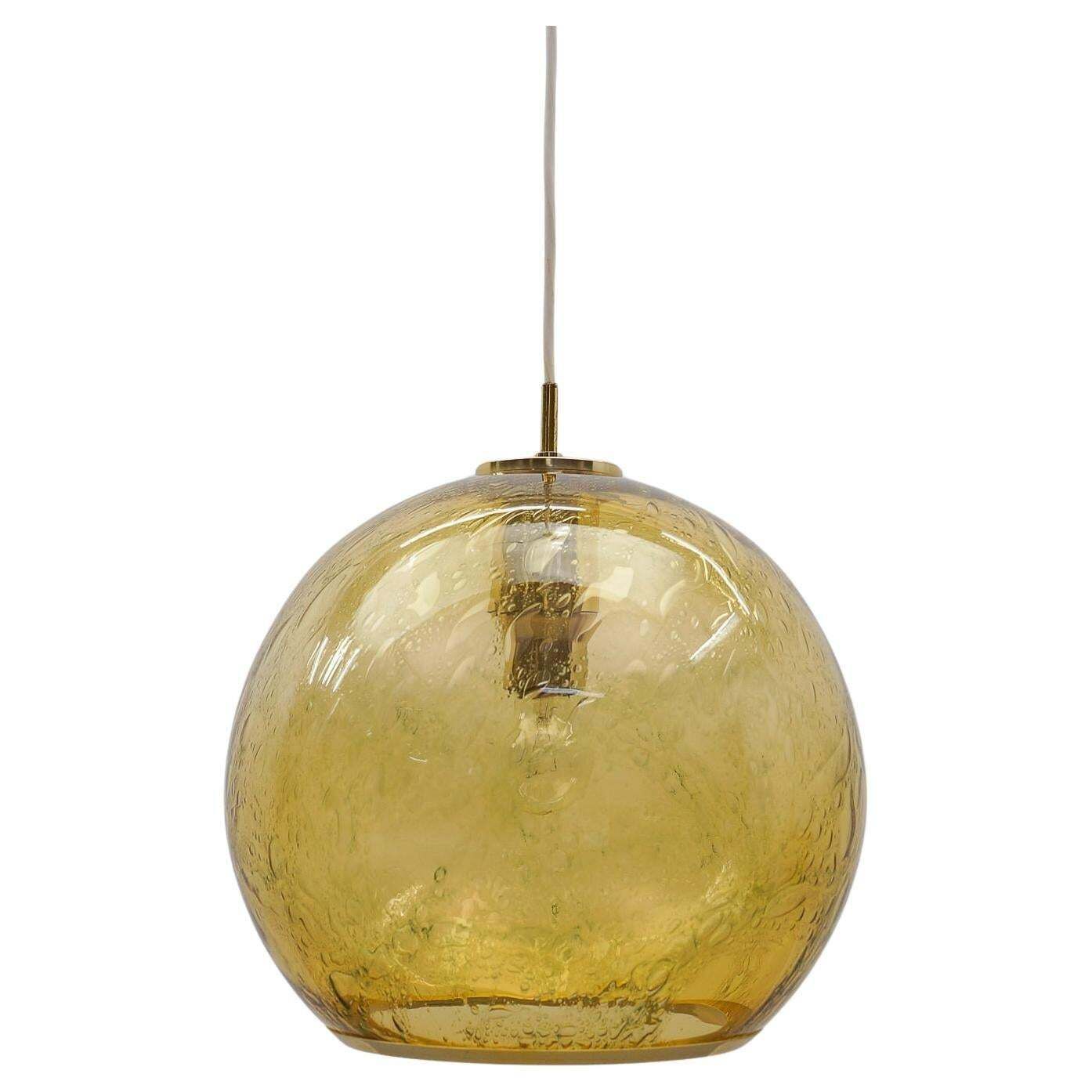 Lovely Yellow Glass Ball And Brass Pendant Lamp By Doria,   1960s Germany
