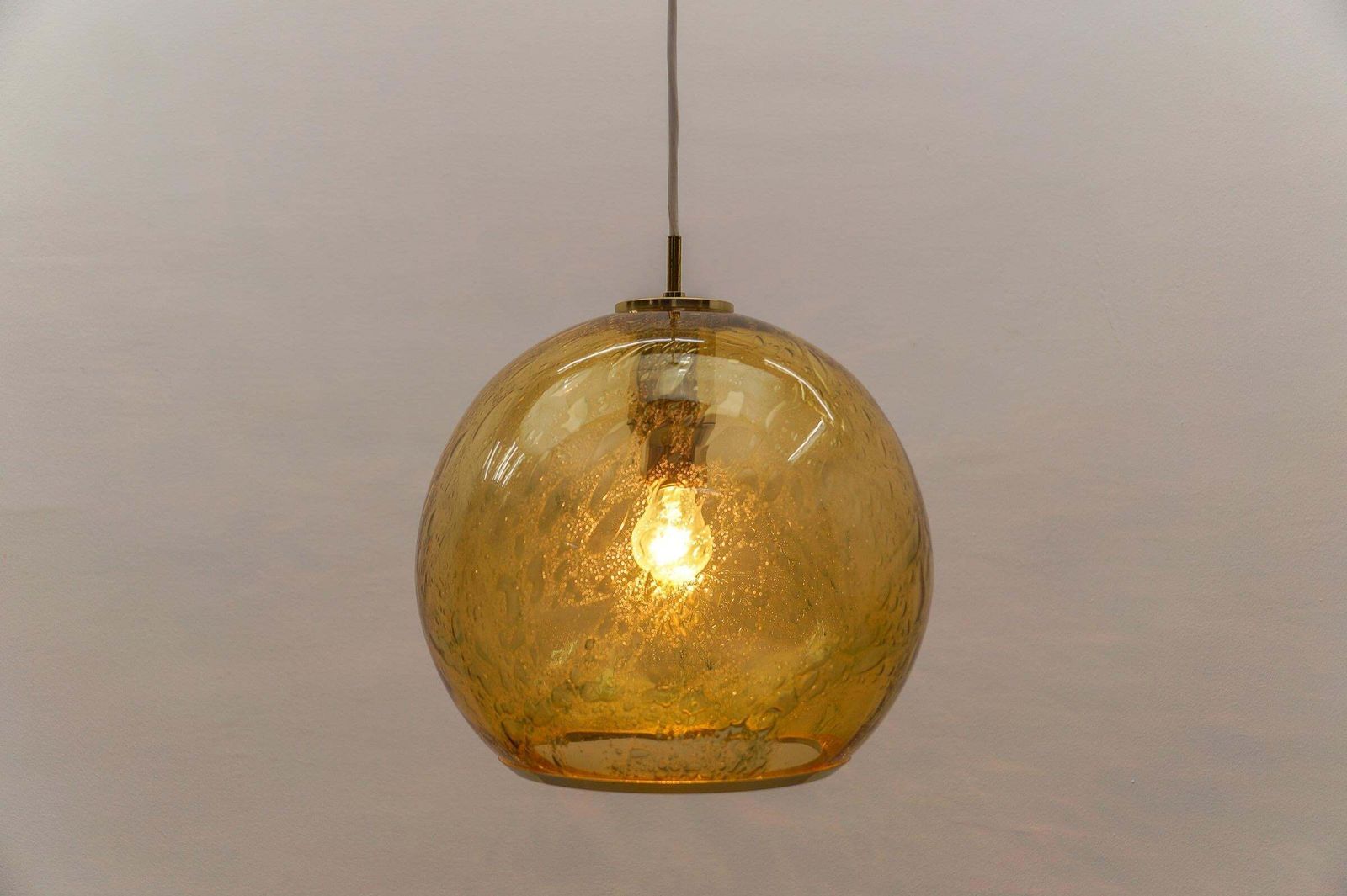 Lovely Yellow Glass Ball And Brass Pendant Lamp By Doria,   1960s Germany photo vintage