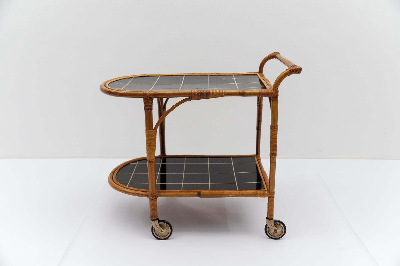 Bamboo And Rattan Bar Cart Serving Trolley, 1950s Italy photo vinterior