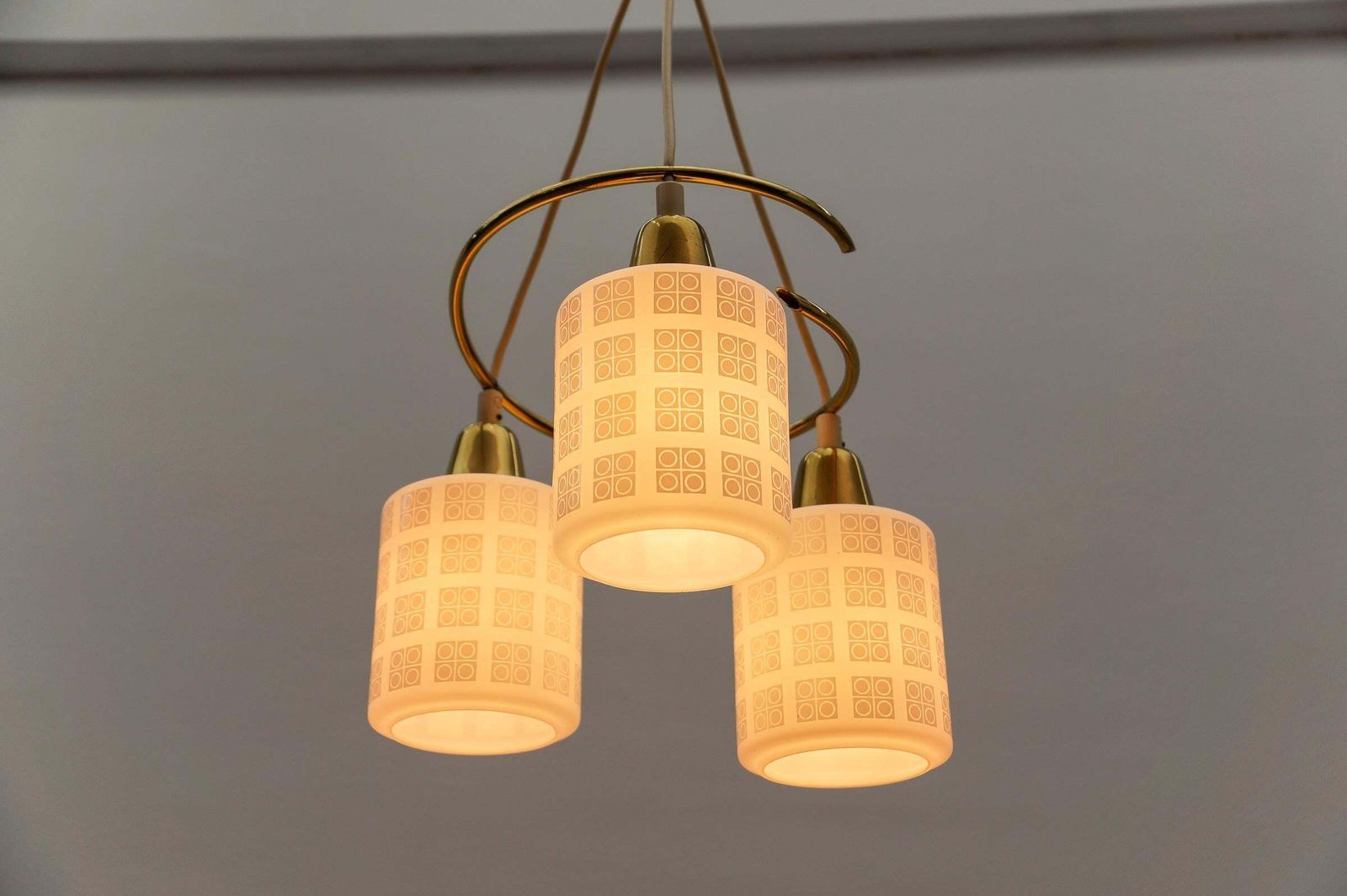 1863.0 Mid Century Modern Brass And Opal Glass Pendant Lamp, 1950s photo