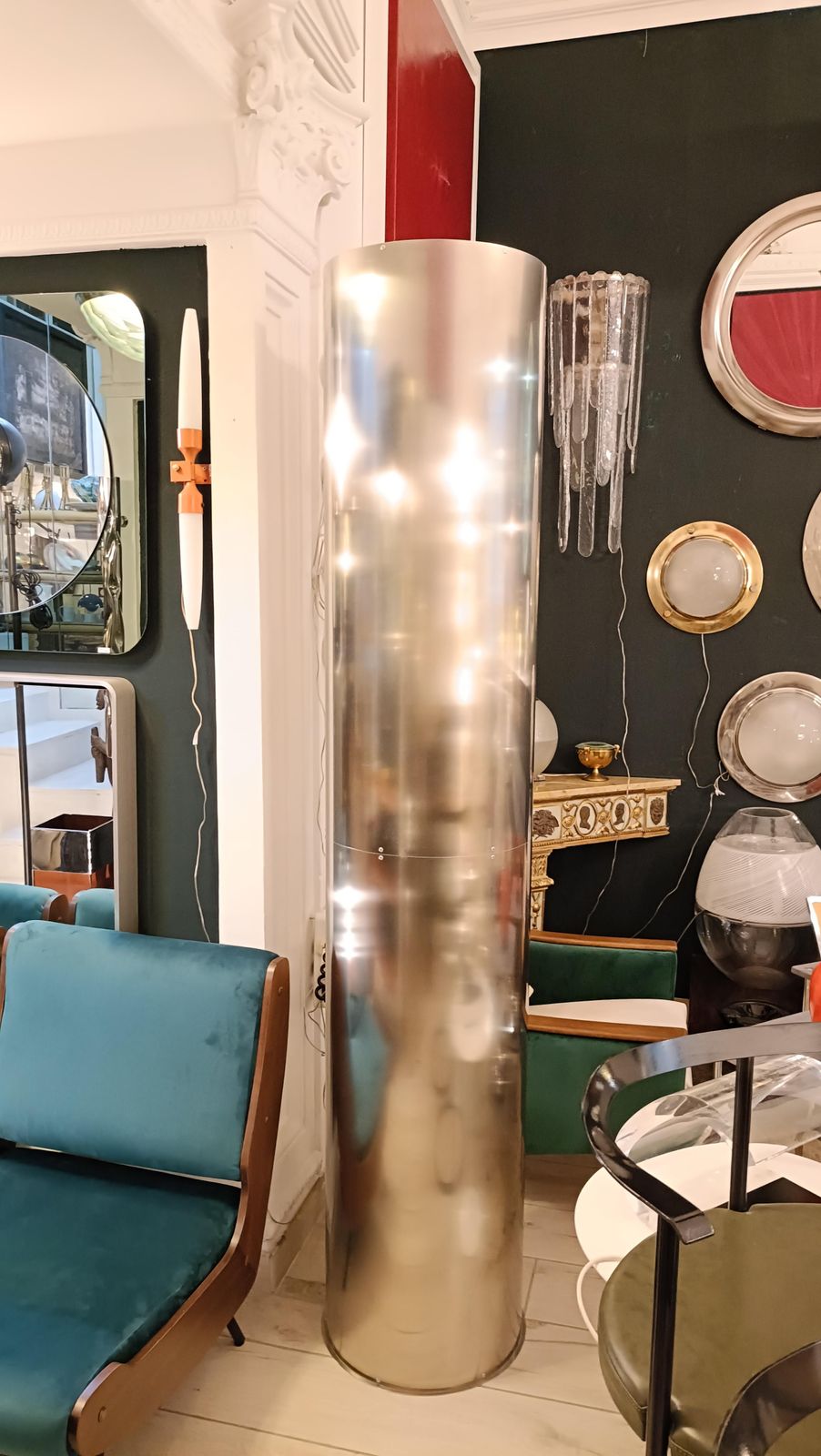 photo furniture Pair Of Cylindrical Chrome Metal Floor Lamps, Italy 1980s