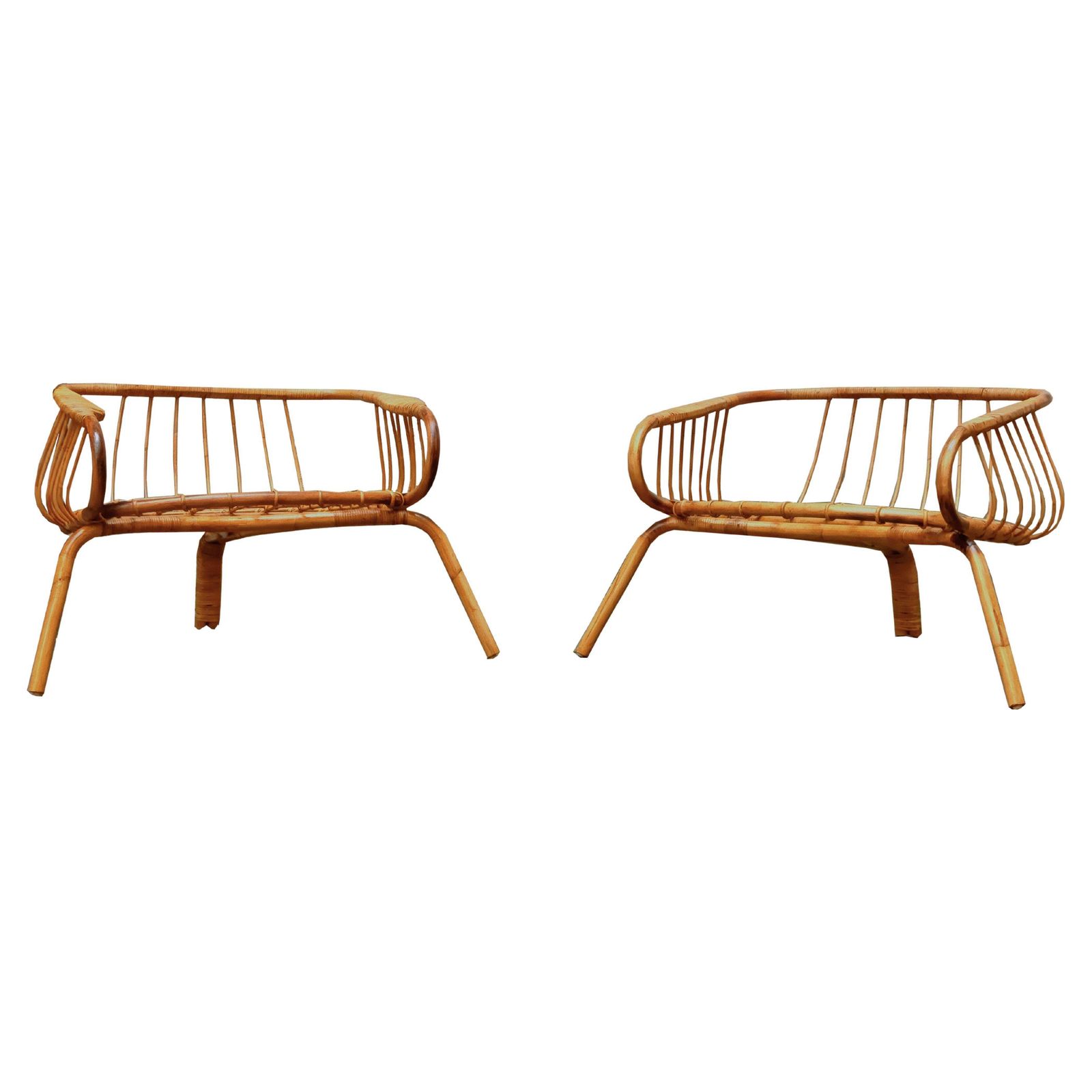 Pair Of Wide Bamboo And Rattan Armchairs, Italy 1960s
