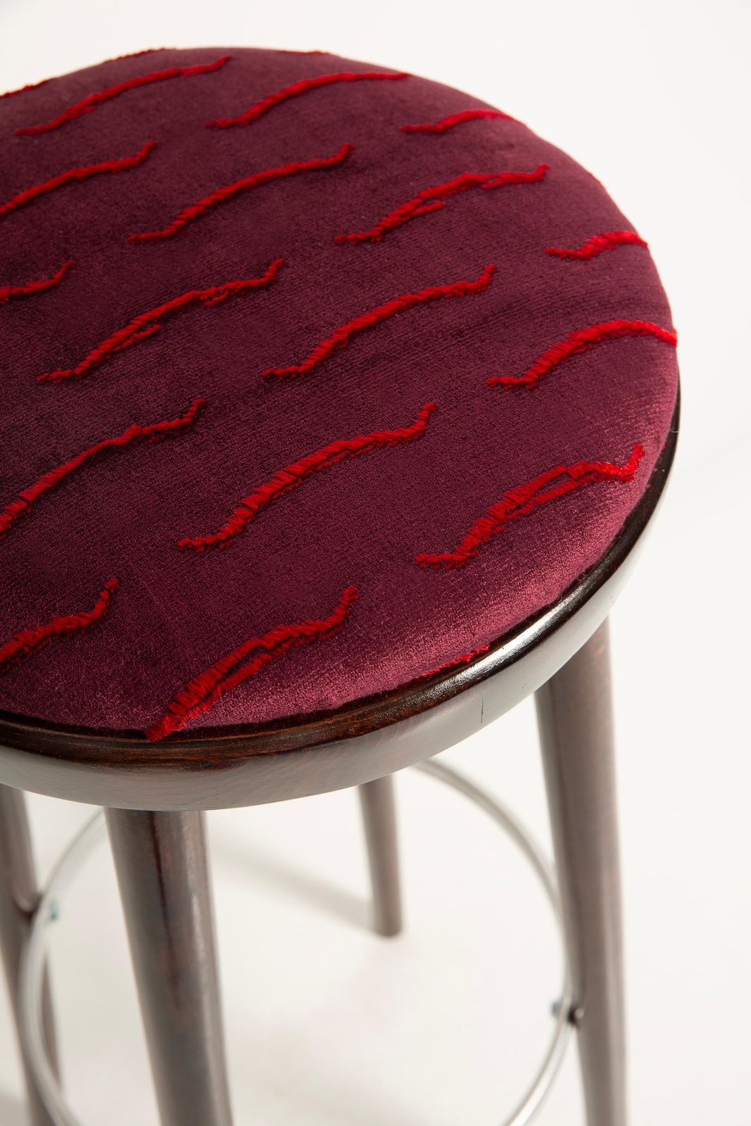 Mid Century Burgundy Bar Stool Velvet Nouvelles Vagues By Dedar, Europe, 1960s photo vinterior