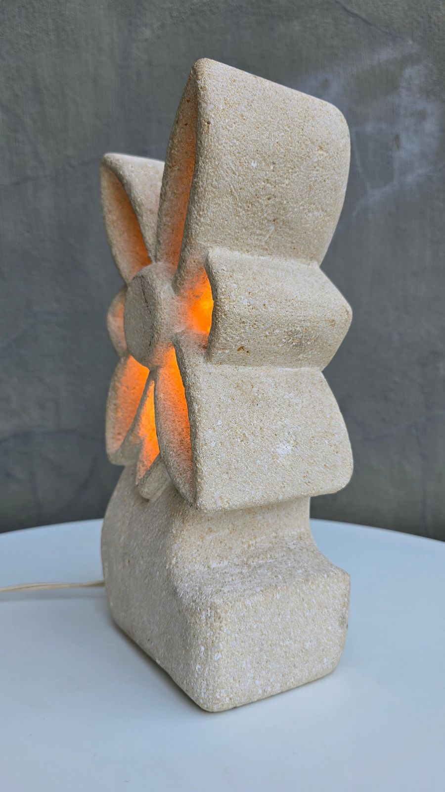 Brutalist Limestone Flower Lamp, France, 1970s — In The Style Of Albert Tormos photo vintage