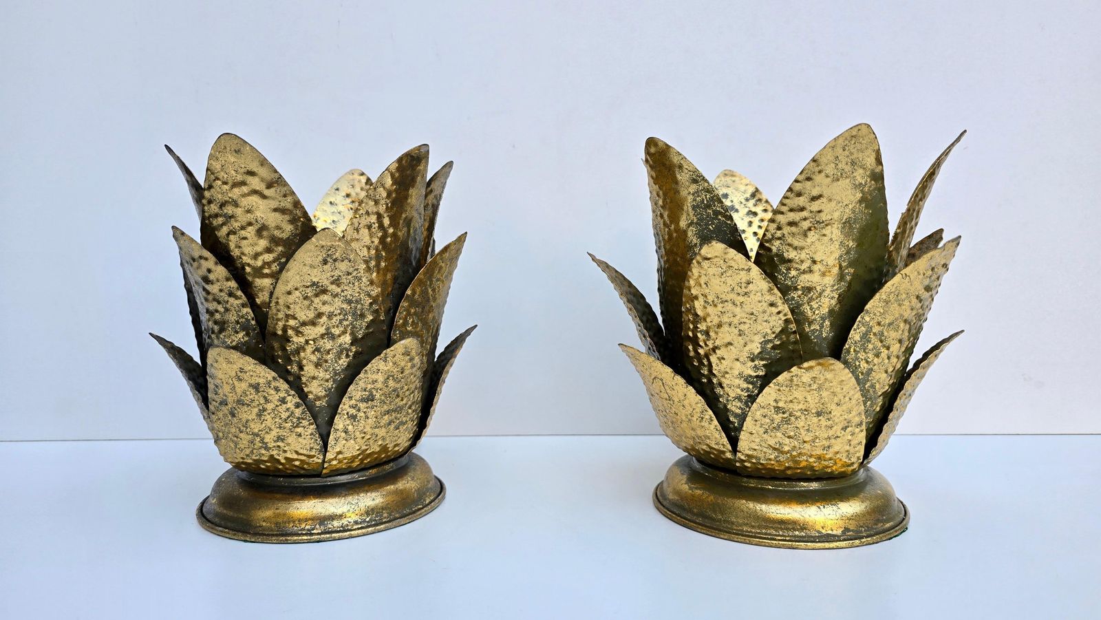Pair Of Vintage Italian Brass Lotus Leaf Table Lamps, 1970s photo for sale