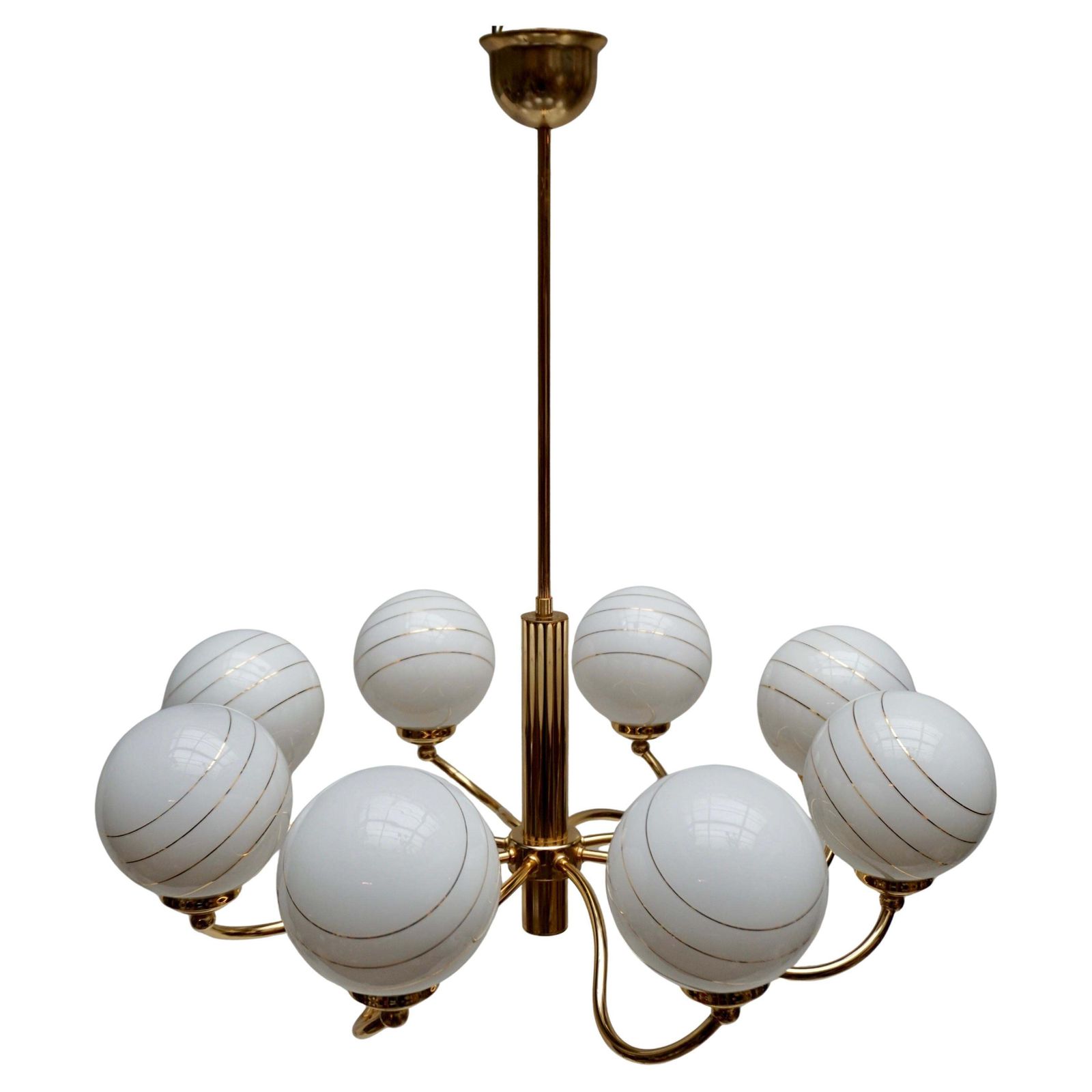 Two Elegant Italian Mid Century Brass And Glass Chandeliers, 1970s photo for sale