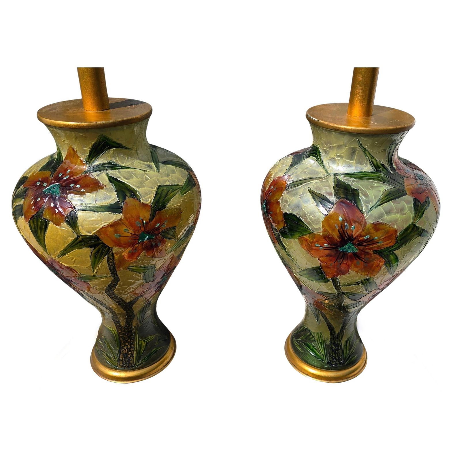 Pair Of Hand Painted Floral Glass Table Lamps – Italy, Circa 1980 photo buy