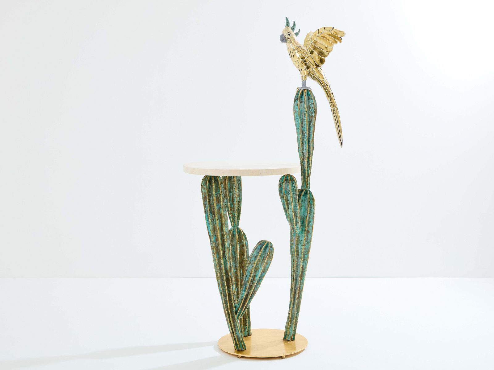 Console Alain Chervet en laiton et bronze, cactus et perroquet, 1989 photo vinterior