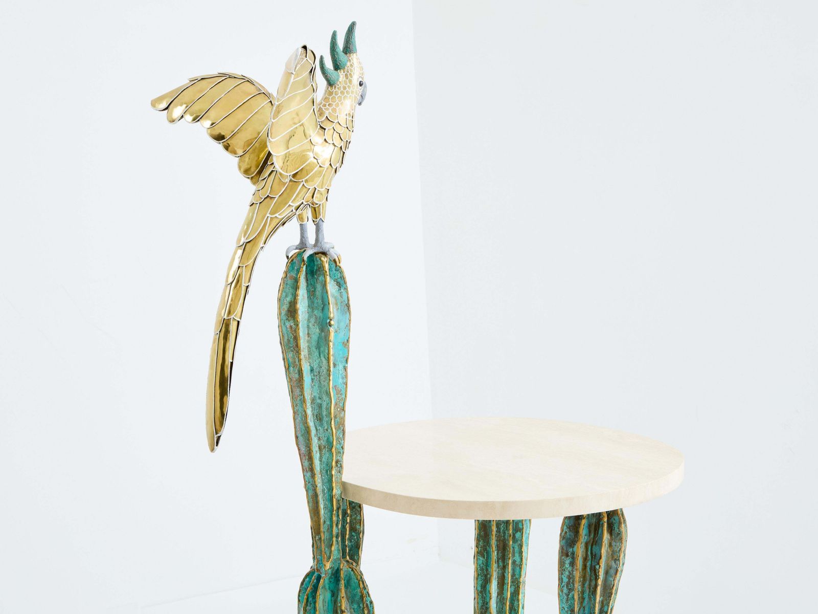 Console Alain Chervet en laiton et bronze, cactus et perroquet, 1989 photo buy