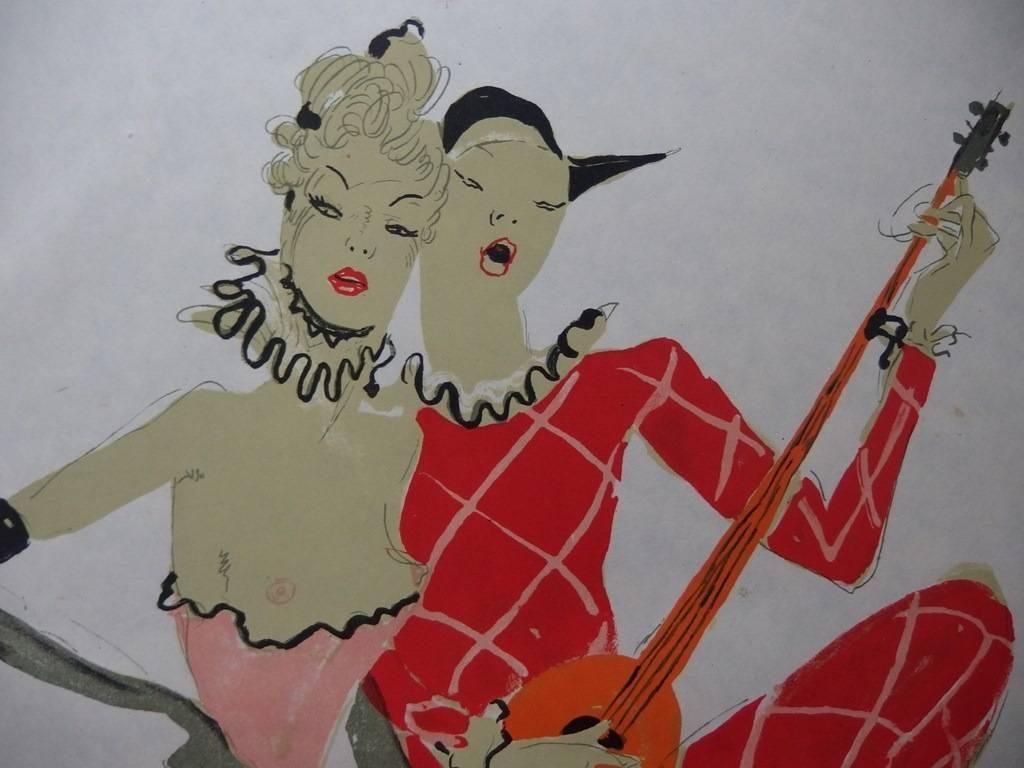 Jean Gabriel Domergueat The Cabaret : Nude And Harlequine   Original Lithograph   Mourlot, 19561956 photo Art