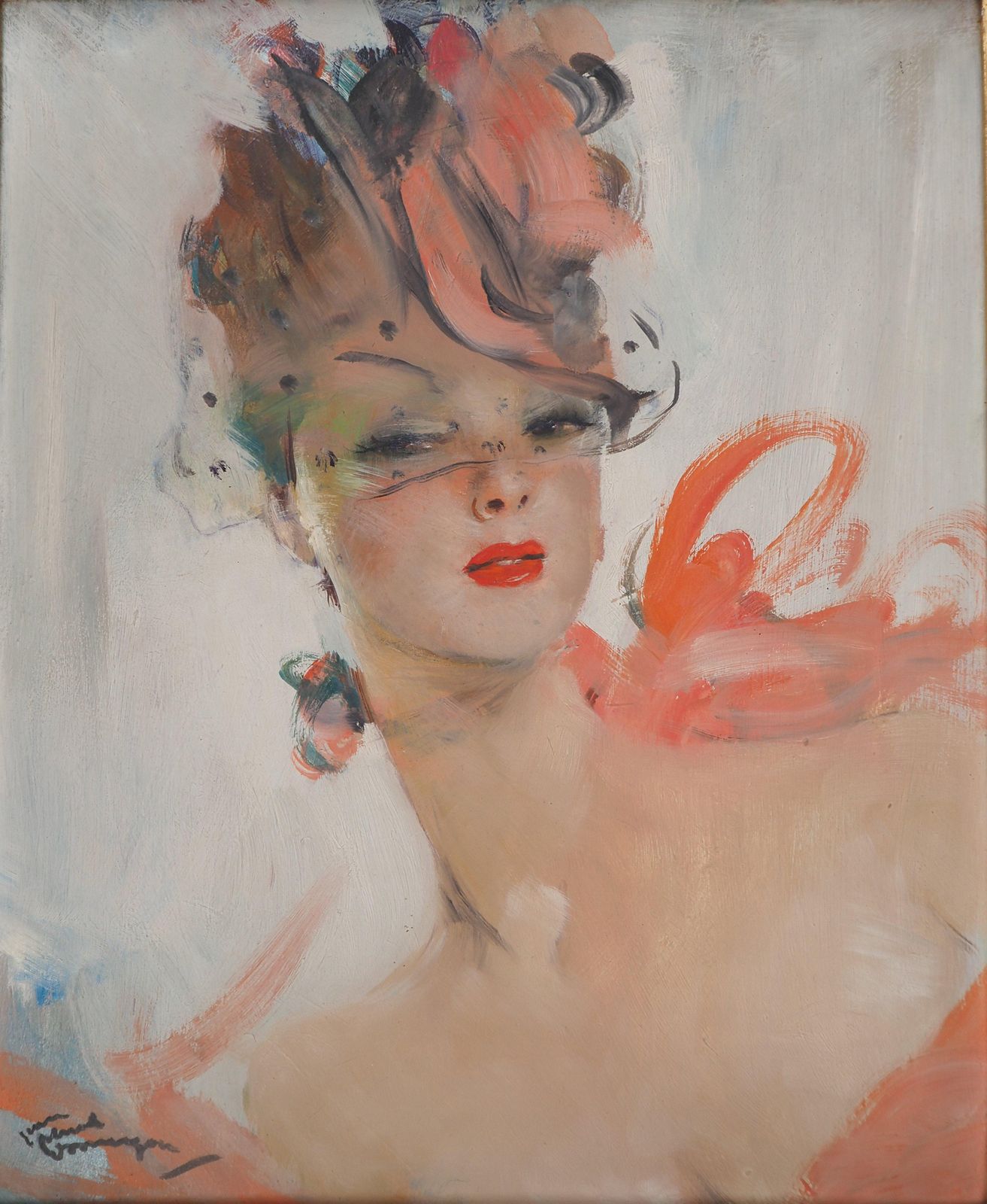 Jean Gabriel Domergueyoung Woman With Pink Ribbon And Hat   Original Oil Painting, Handsigned photo for sale