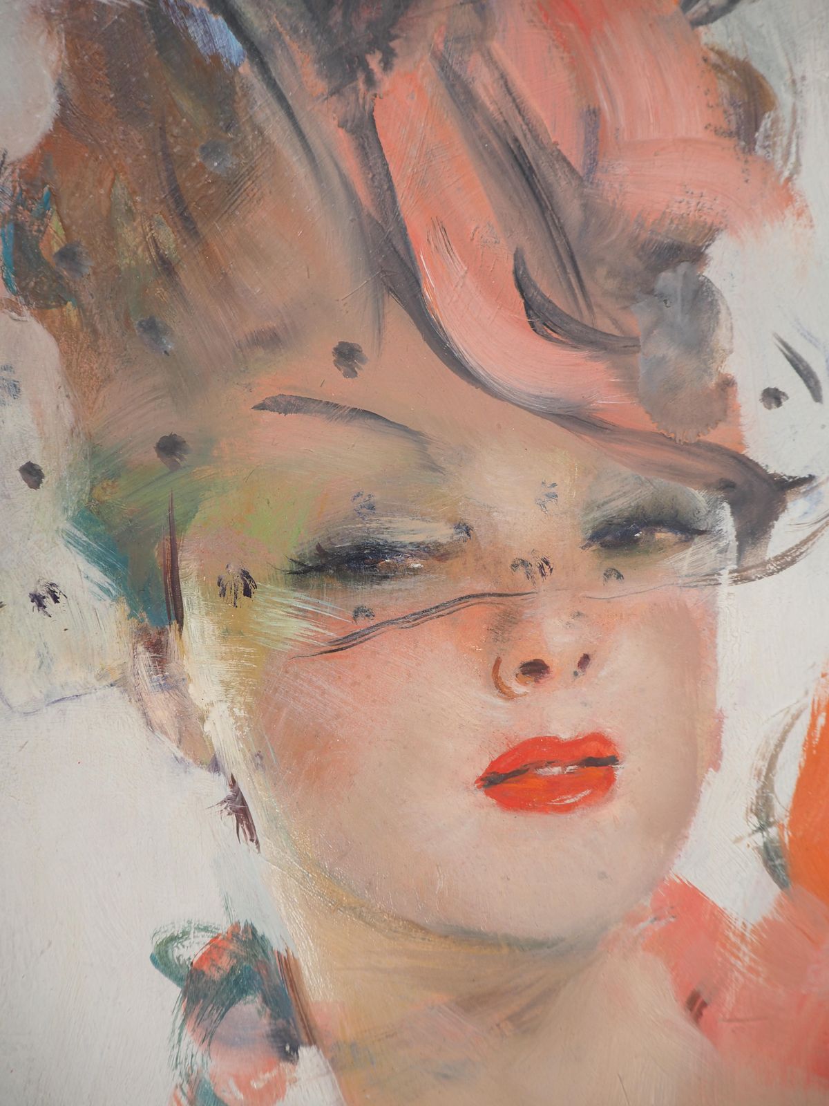Jean Gabriel Domergueyoung Woman With Pink Ribbon And Hat   Original Oil Painting, Handsigned photo vinterior