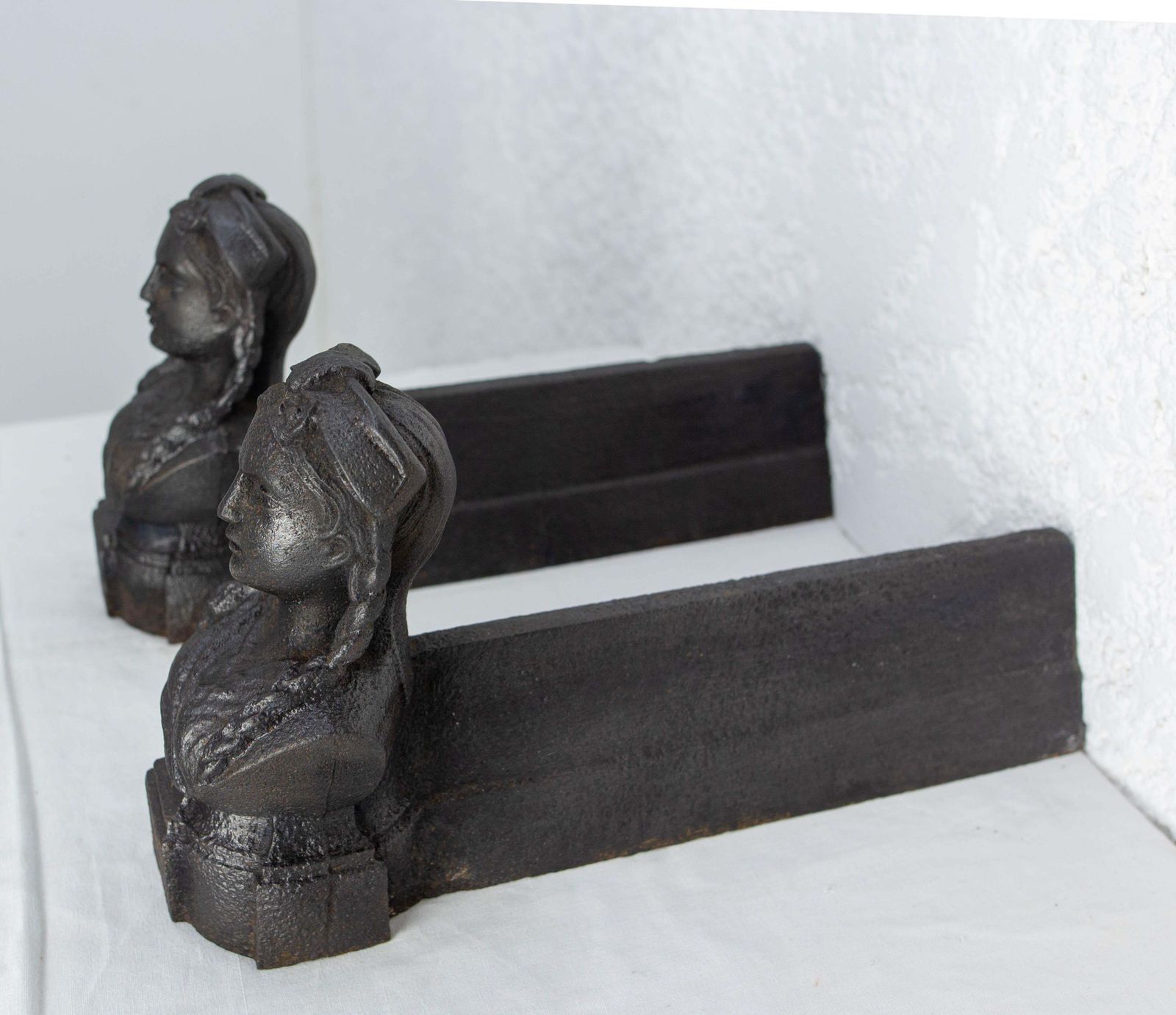 Pair Of Napoléon III Wrought Iron Andirons Bust Woman Braids France, Circa 1890 photo Home Fixtures