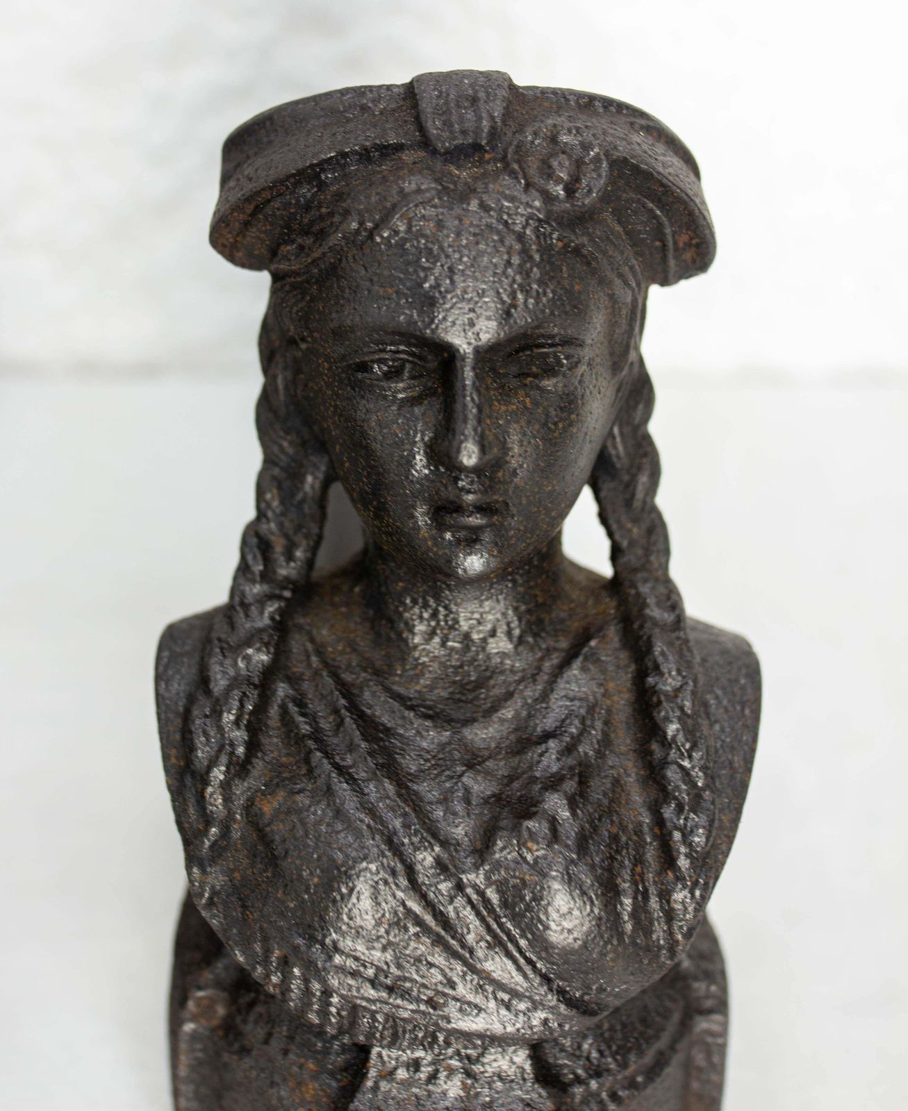 Pair Of Napoléon III Wrought Iron Andirons Bust Woman Braids France, Circa 1890 photo buy