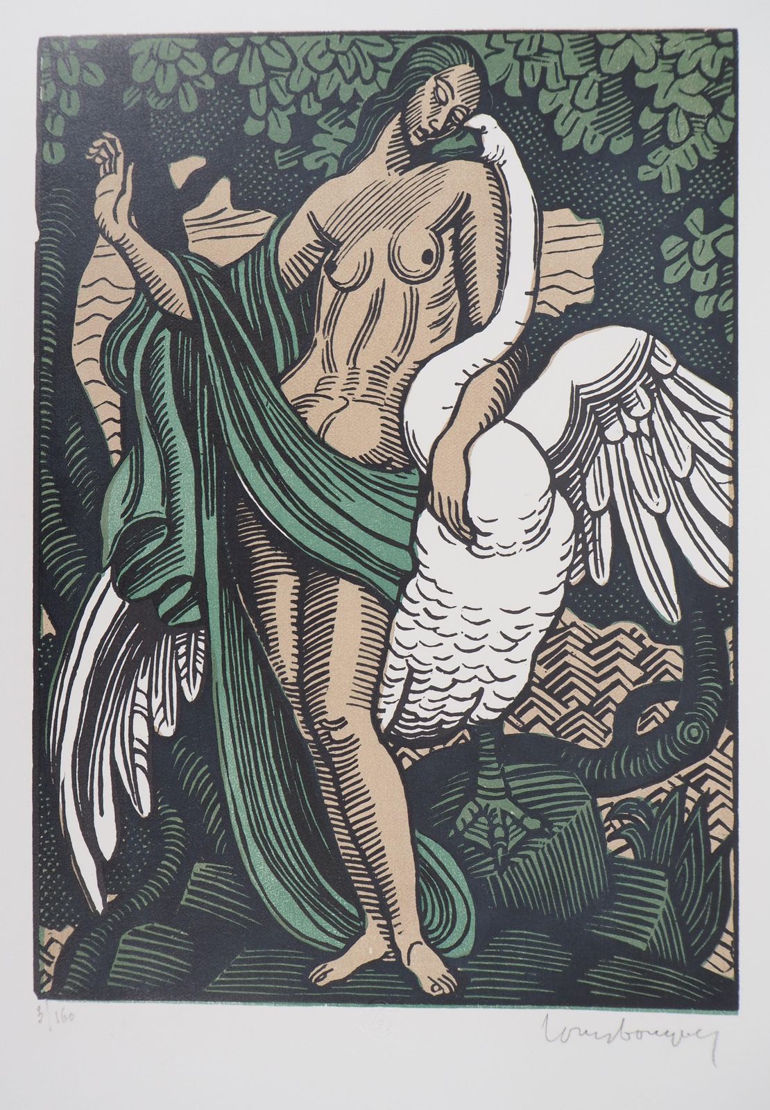 Louis Bouquetmythology : Leda And The Swann   Original Wooodcut, Handsigned & Numbered1929