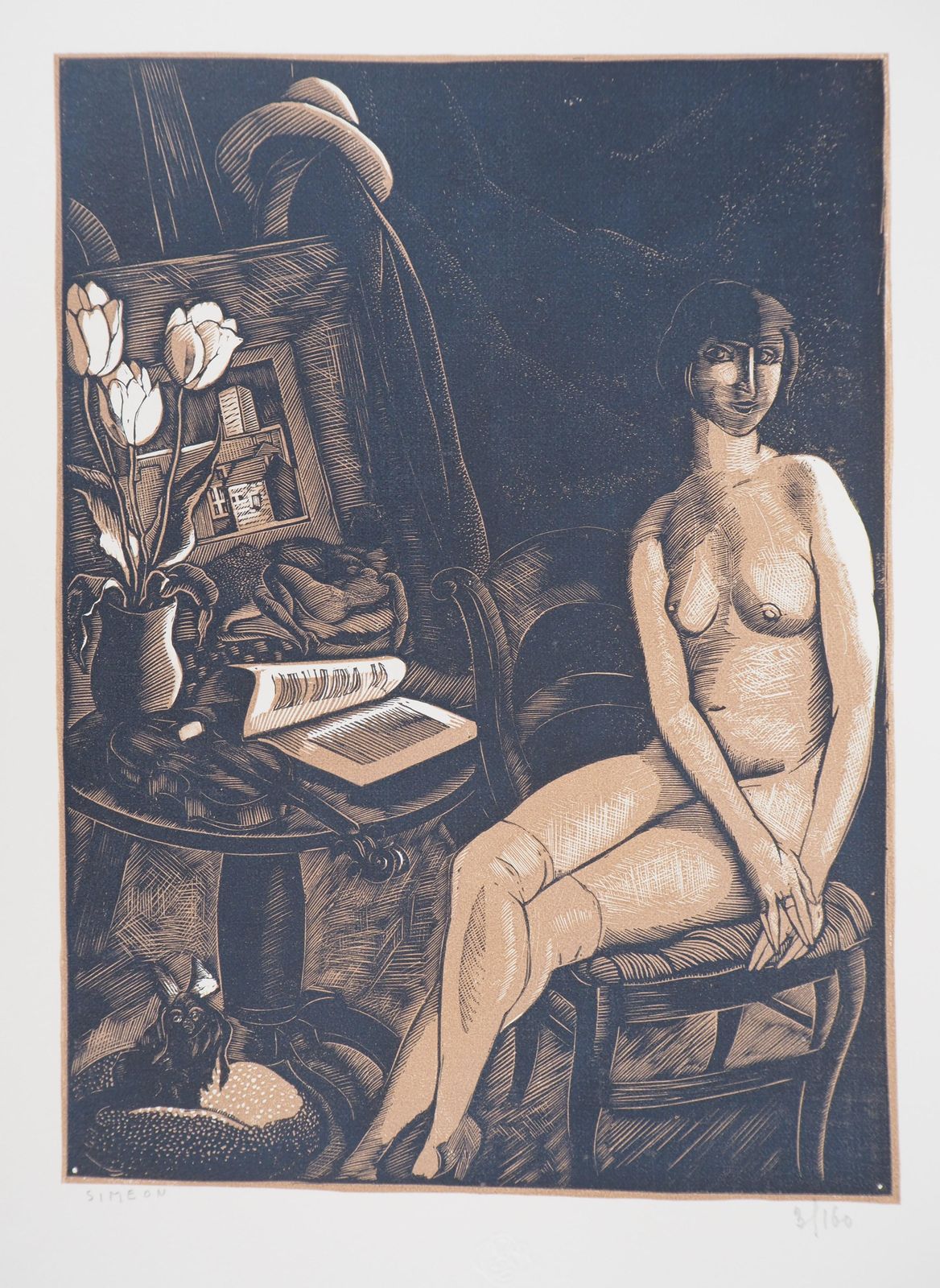 Fernand Simeon Nude Model Reading With Her Dog   Original Wooodcut, Handsigned & Numbered /1601925