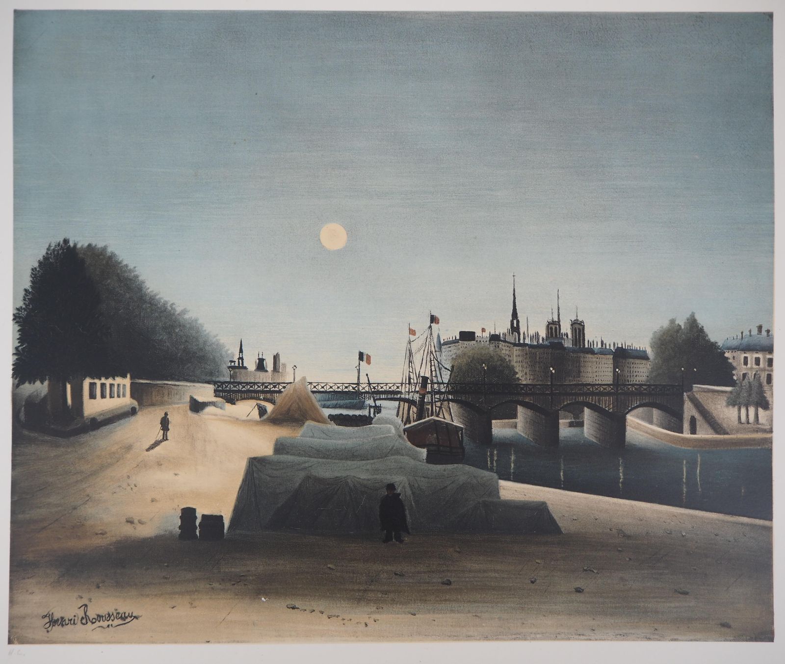 Paris : Seine River And Notre Dame Church   Stone Lithograph1976