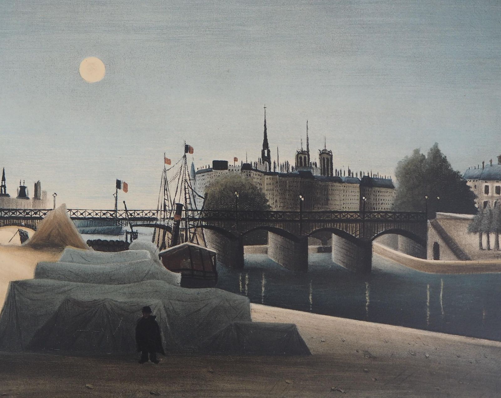 Paris : Seine River And Notre Dame Church   Stone Lithograph1976 photo 177.0