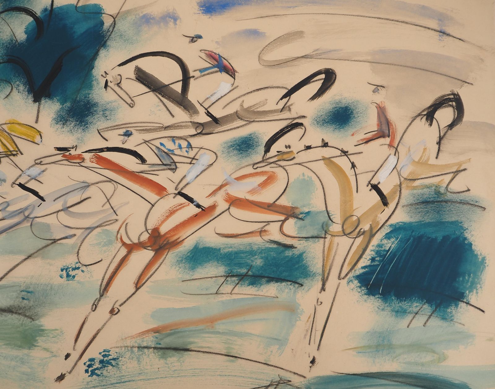 Gen Paullongchamps : The Horse Race   Original Watercolor, Handsigned photo Art