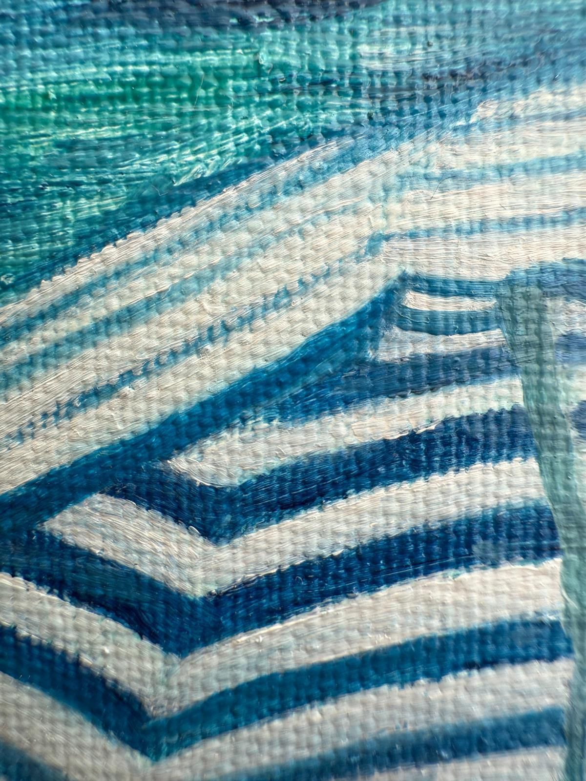 Bernadette Van Baarsen Blue And White Beach Scene In Oil On Linen. 'Sous Un Parasol. No.1'.2025 photo vintage
