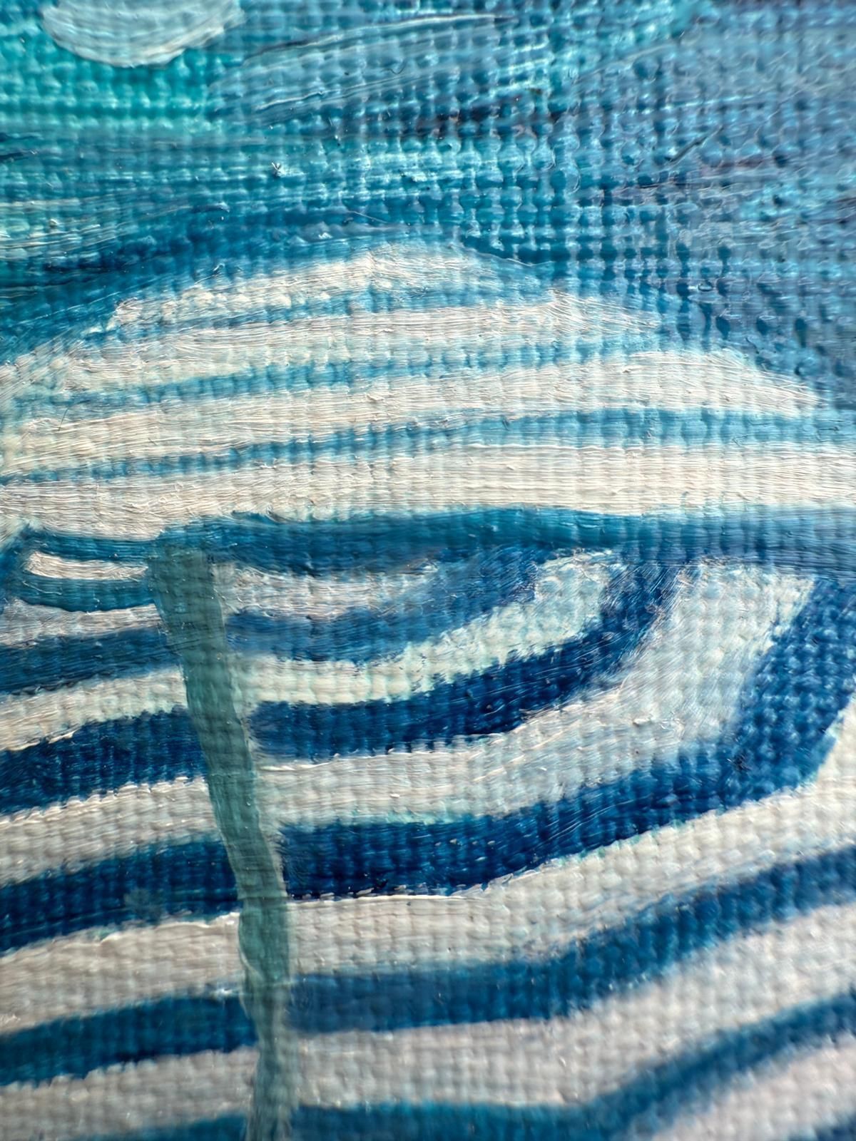 photo furniture Bernadette Van Baarsen Blue And White Beach Scene In Oil On Linen. 'Sous Un Parasol. No.1'.2025