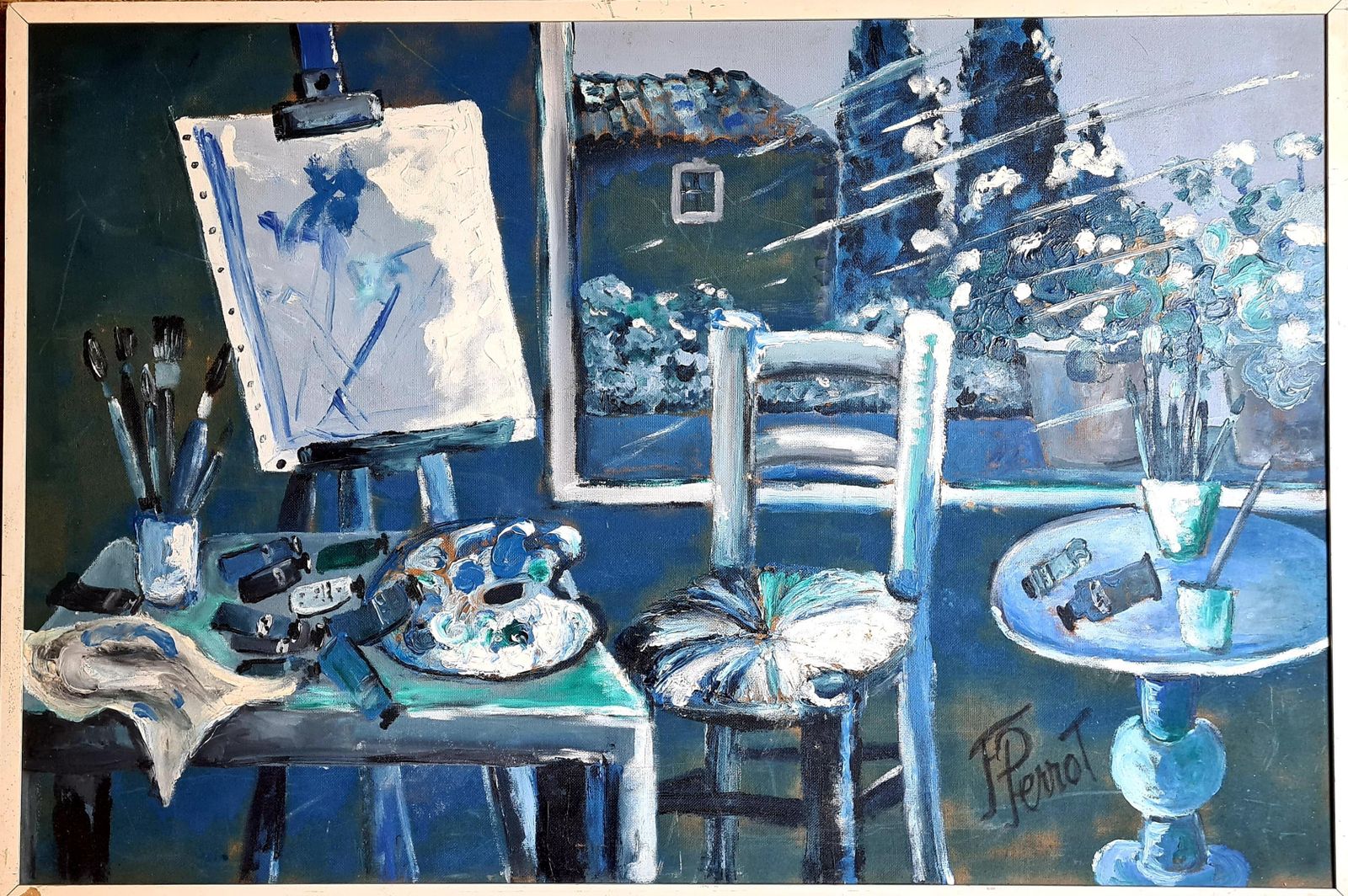 photo vintage Mid Century Modern, The Artists Atelier, Symphony In Blue By Maurice Ferdinand Perrot From The 1960s