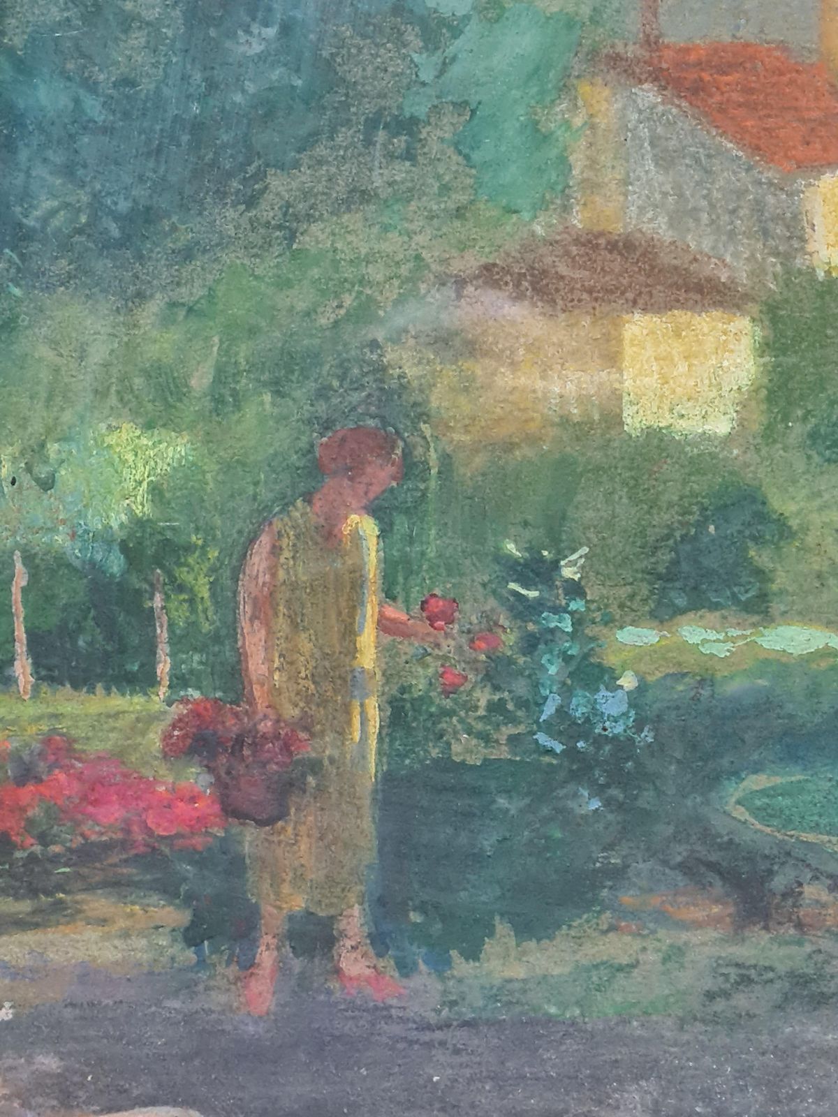 Post Impressionist Garden View, Lady Picking Flowers, Circle Of Edouard Vuillard1920s photo for sale