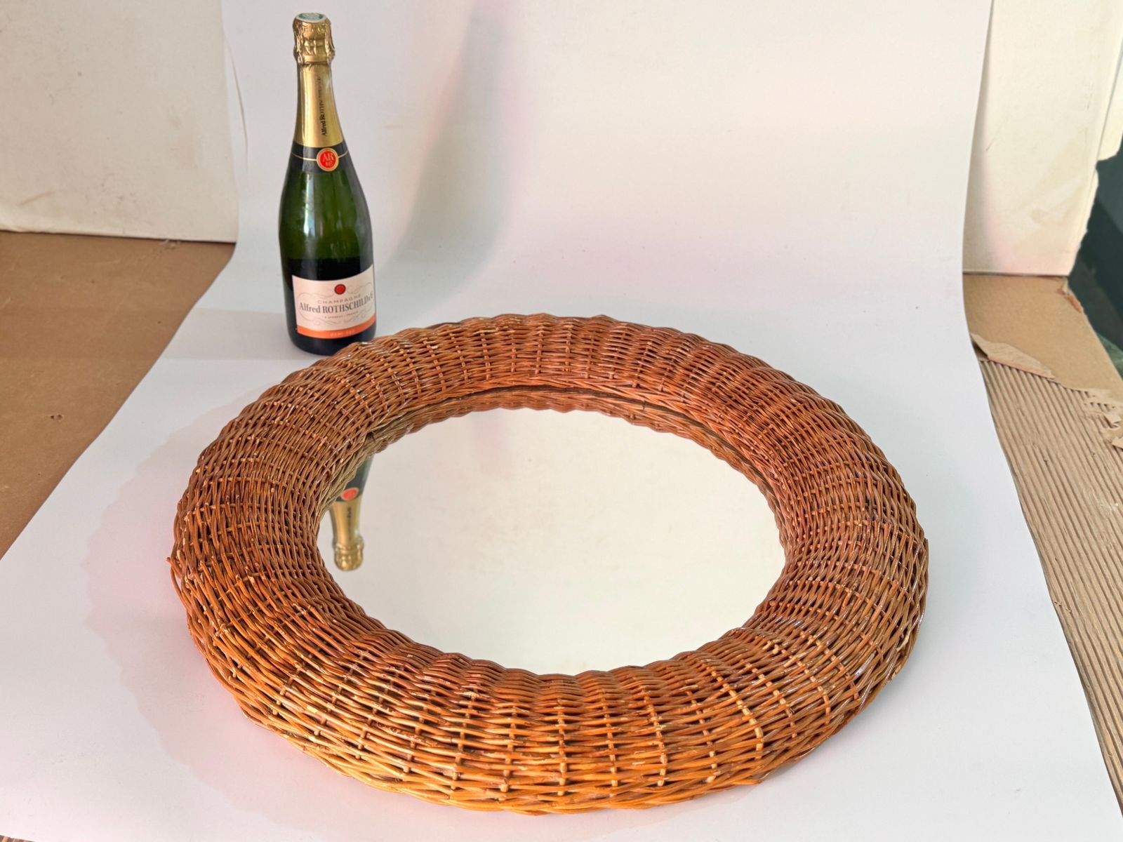 Midcentury French Riviera Rattan And Bamboo Rond Wall Mirror, Italy 1960s photo furniture