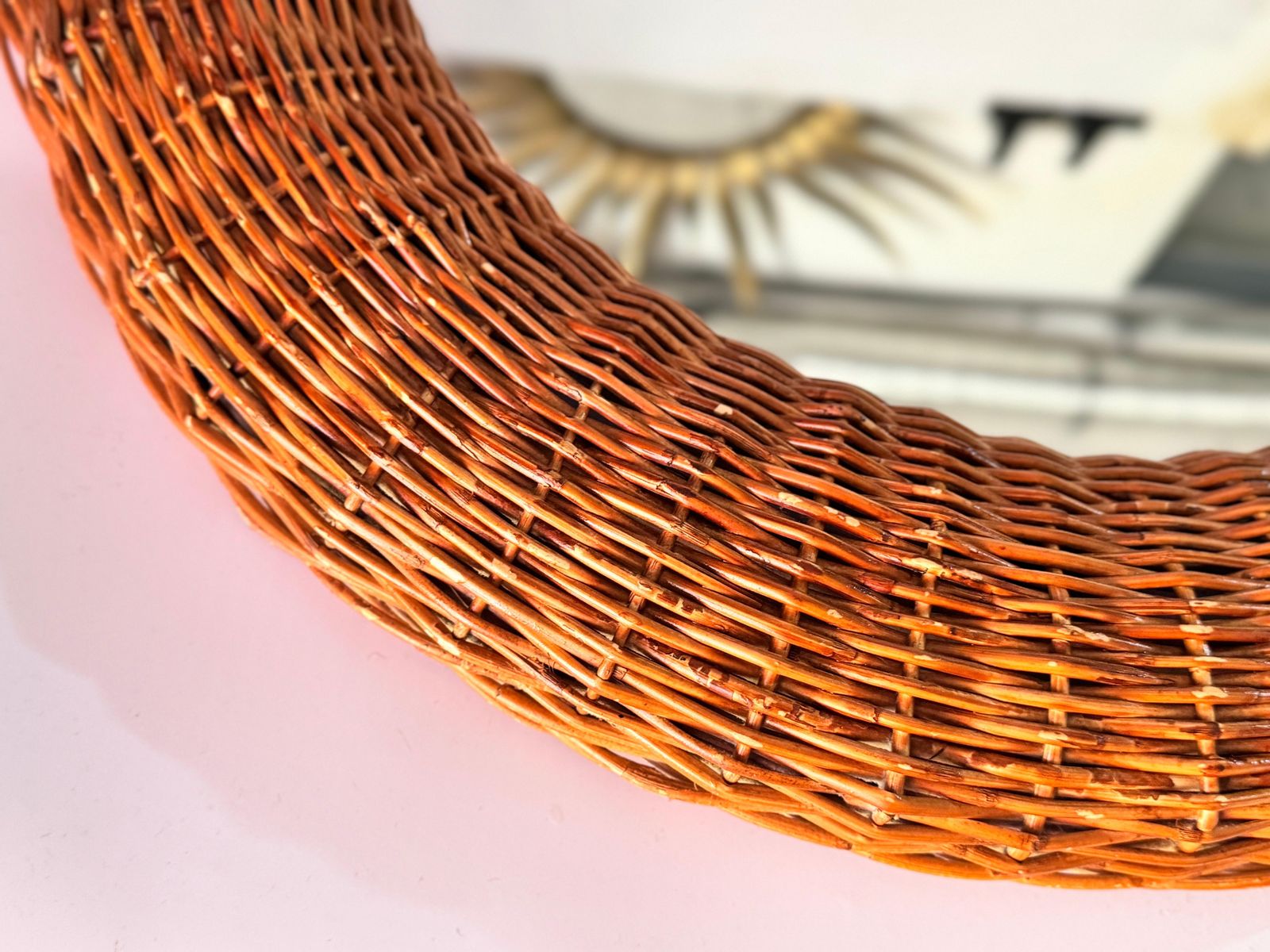 Midcentury French Riviera Rattan And Bamboo Rond Wall Mirror, Italy 1960s photo buy