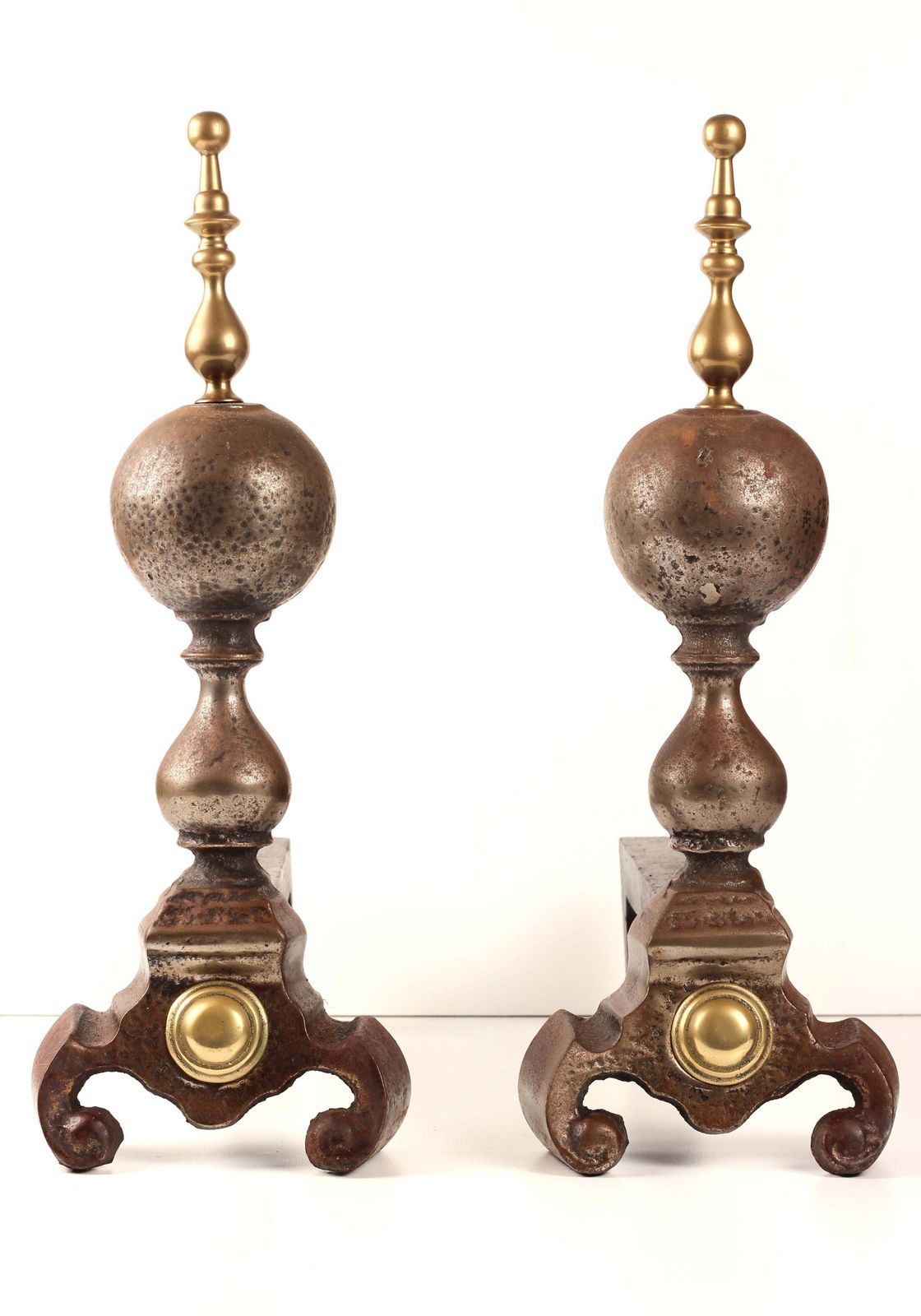 photo furniture Victorian 19th Century Iron, Brass, And Steel Firedogs / Andirons