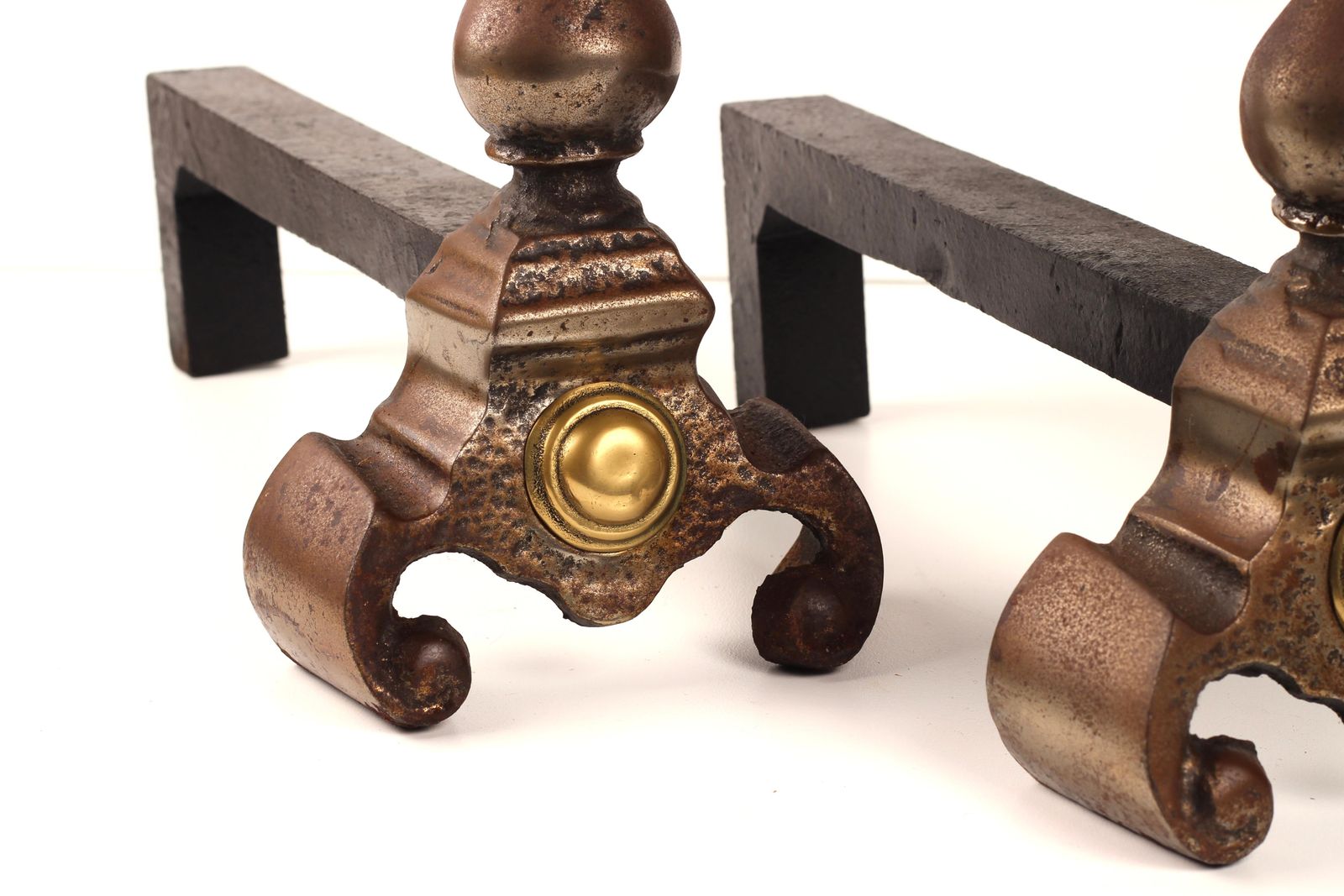 photo for sale Victorian 19th Century Iron, Brass, And Steel Firedogs / Andirons