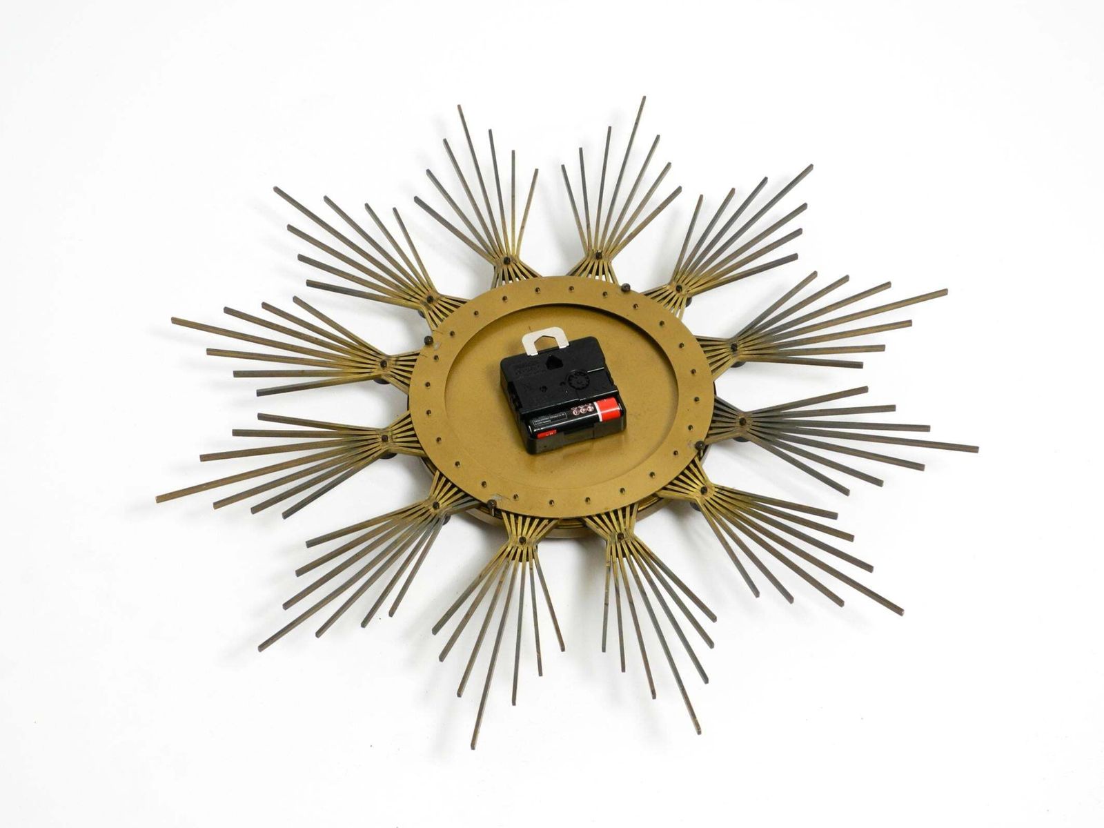 photo for sale Original 1950s Sunburst Wall Clock By Atlanta Made Of Brass And Battery Operated