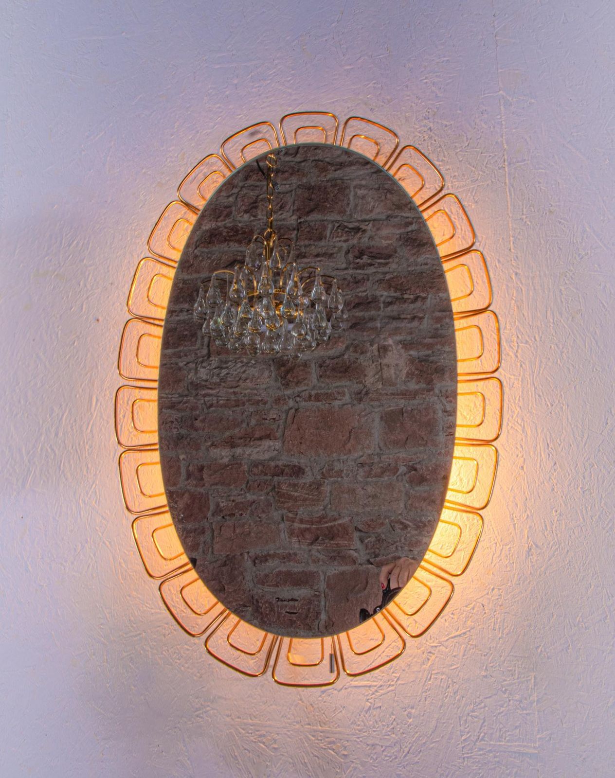 Illuminated Oval 26" Backlit Mirror Glass & Brass By Hillebrand, Germany 1950s photo buy
