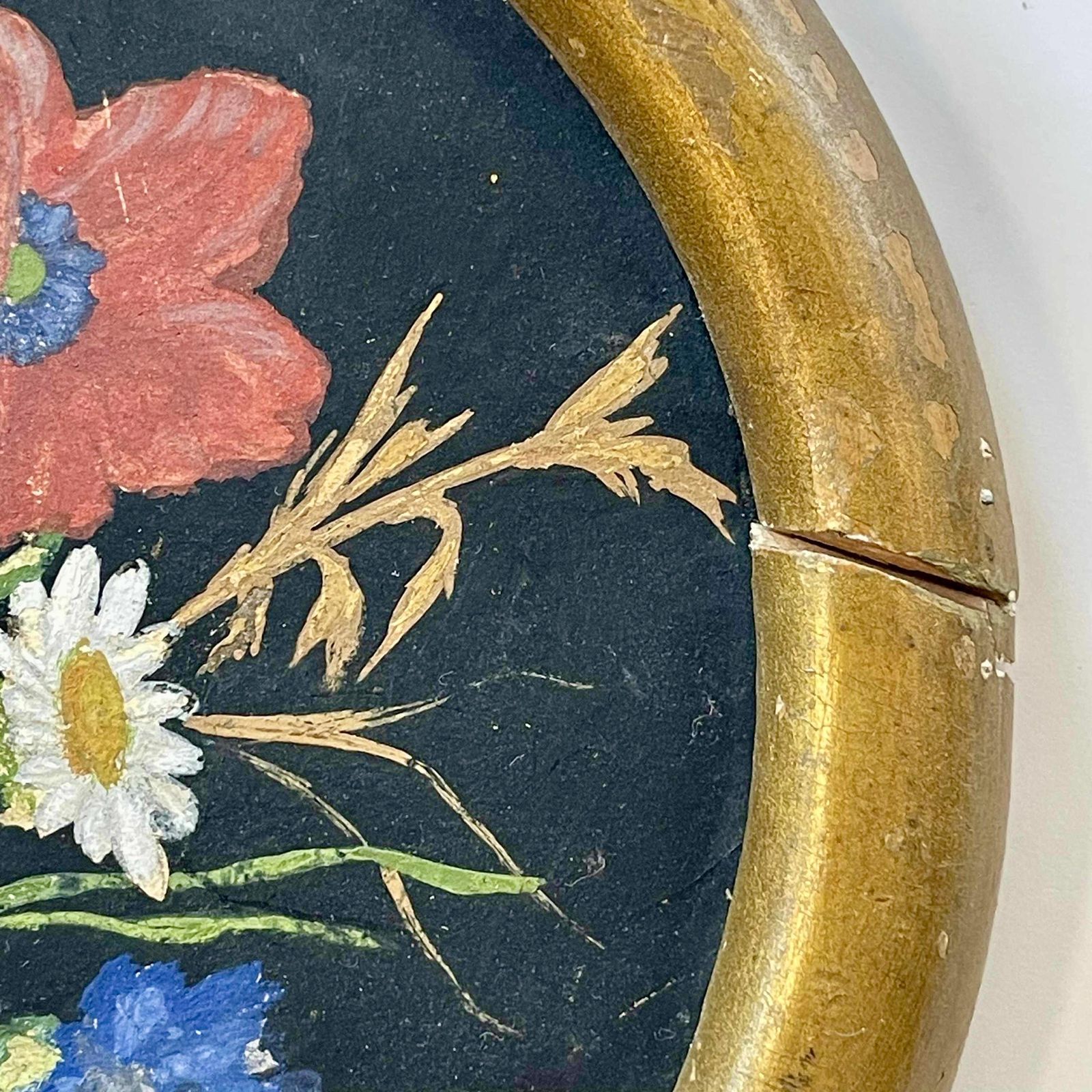 Antique Cute Round Oil Painting With Motive Of Wild Scandinavian Summer Flowers In Great Colours photo Art