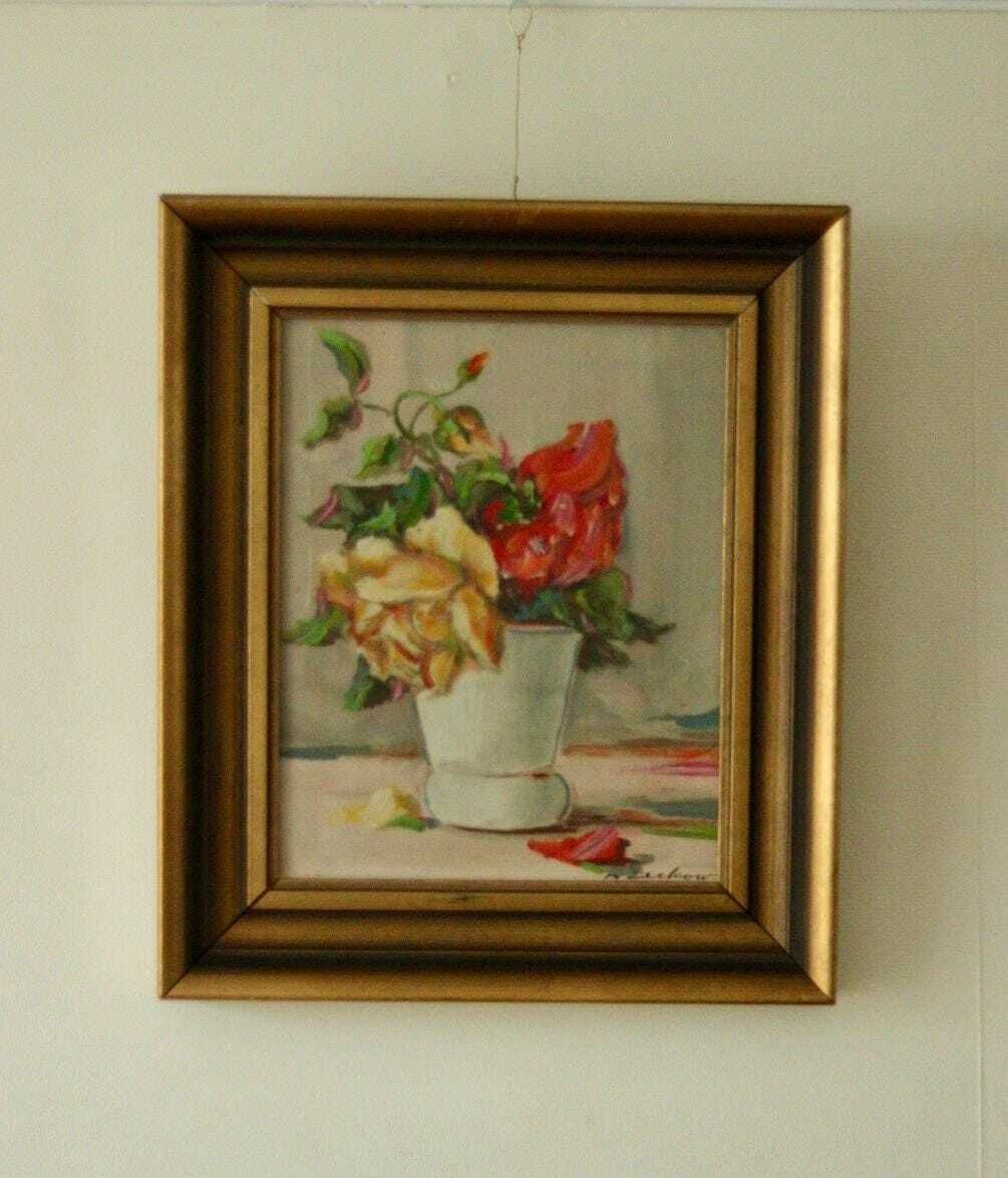 Original Swedish Oil On Panel – “Still Life: Vase Of Roses” – Signed & Framed, 40.5 X 34.5 Cm (15.9 X 13.6 In) photo for sale