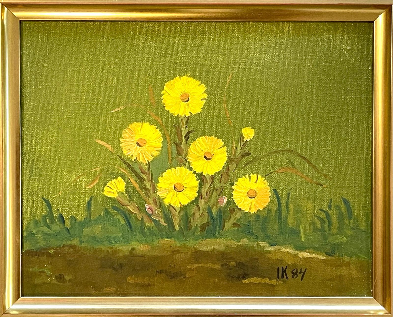 Still Life Vintage Postmodern Danish Original Oil On Canvas 1980s Painting With Yellow Flowers In The Garden With Green Background photo furniture