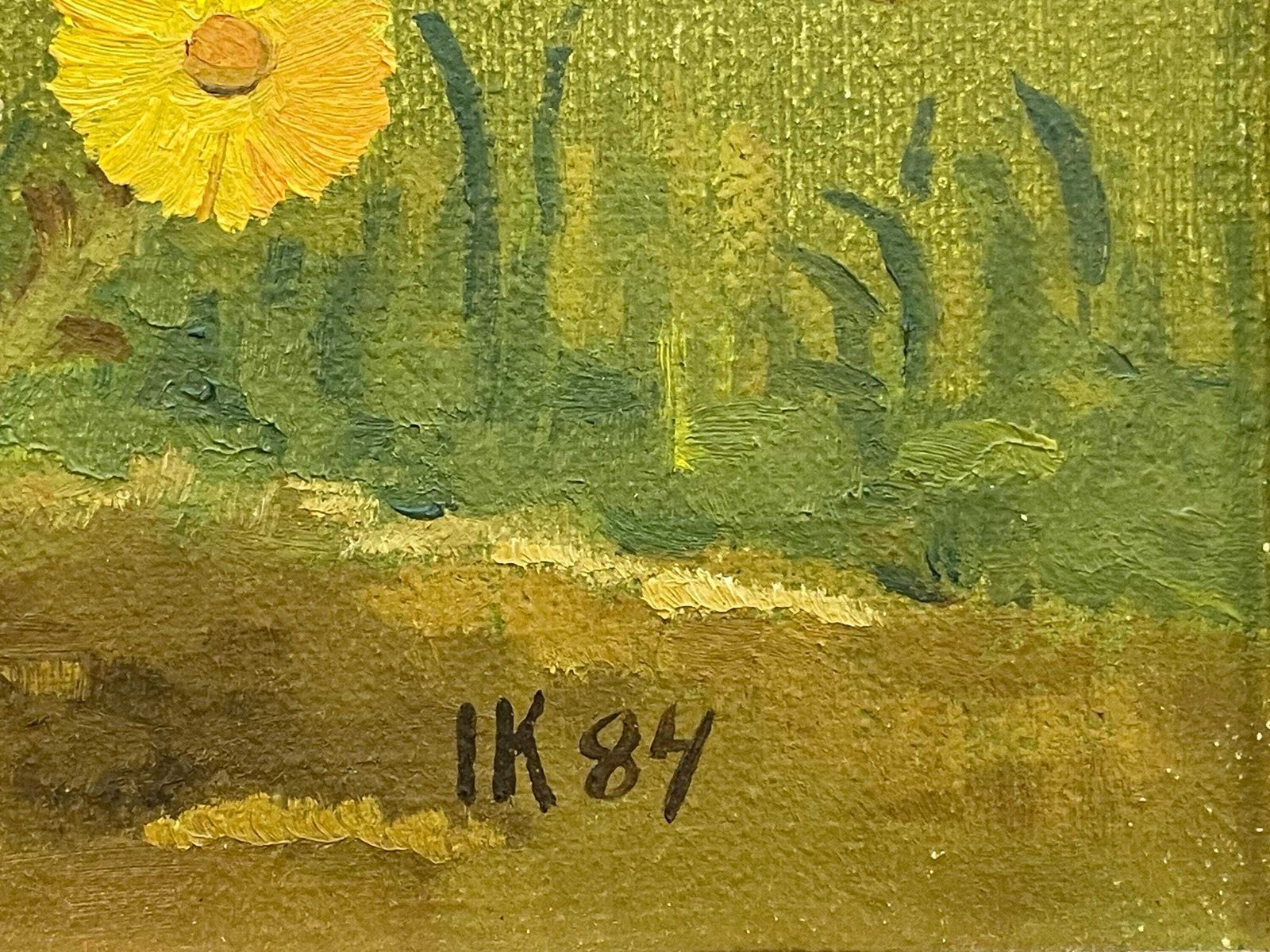 Still Life Vintage Postmodern Danish Original Oil On Canvas 1980s Painting With Yellow Flowers In The Garden With Green Background photo for sale