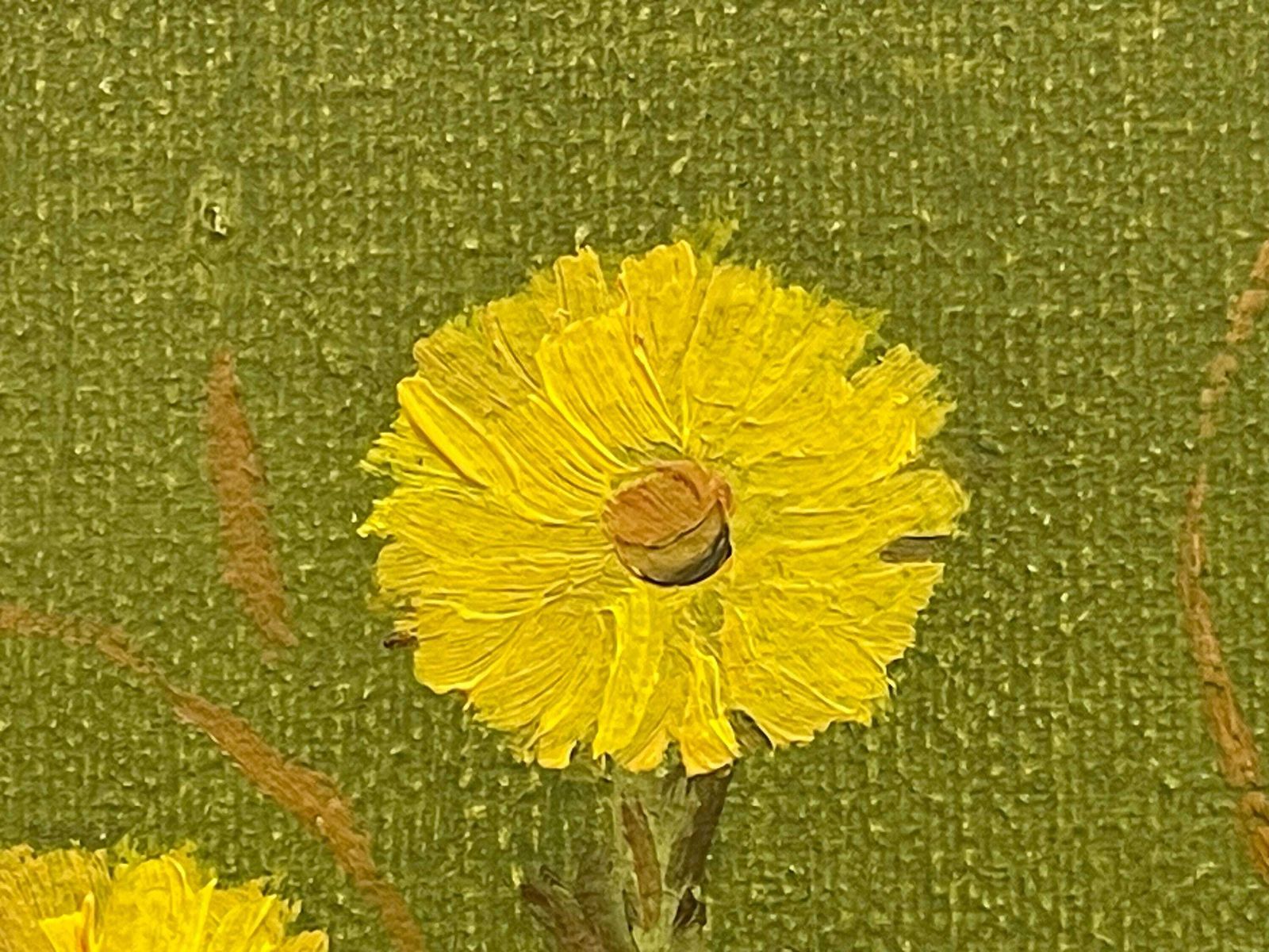 Still Life Vintage Postmodern Danish Original Oil On Canvas 1980s Painting With Yellow Flowers In The Garden With Green Background photo 195.0