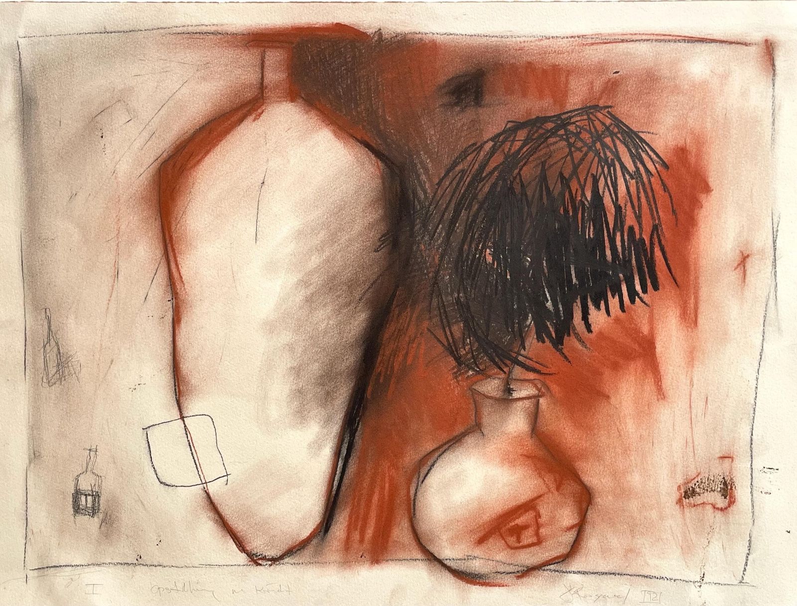 Vintage Original Postmodern Pastel On Paper Still Life Drawing Of Red Vases In Strong Colours And Abstract Style   Danish Art From The 1990s photo furniture